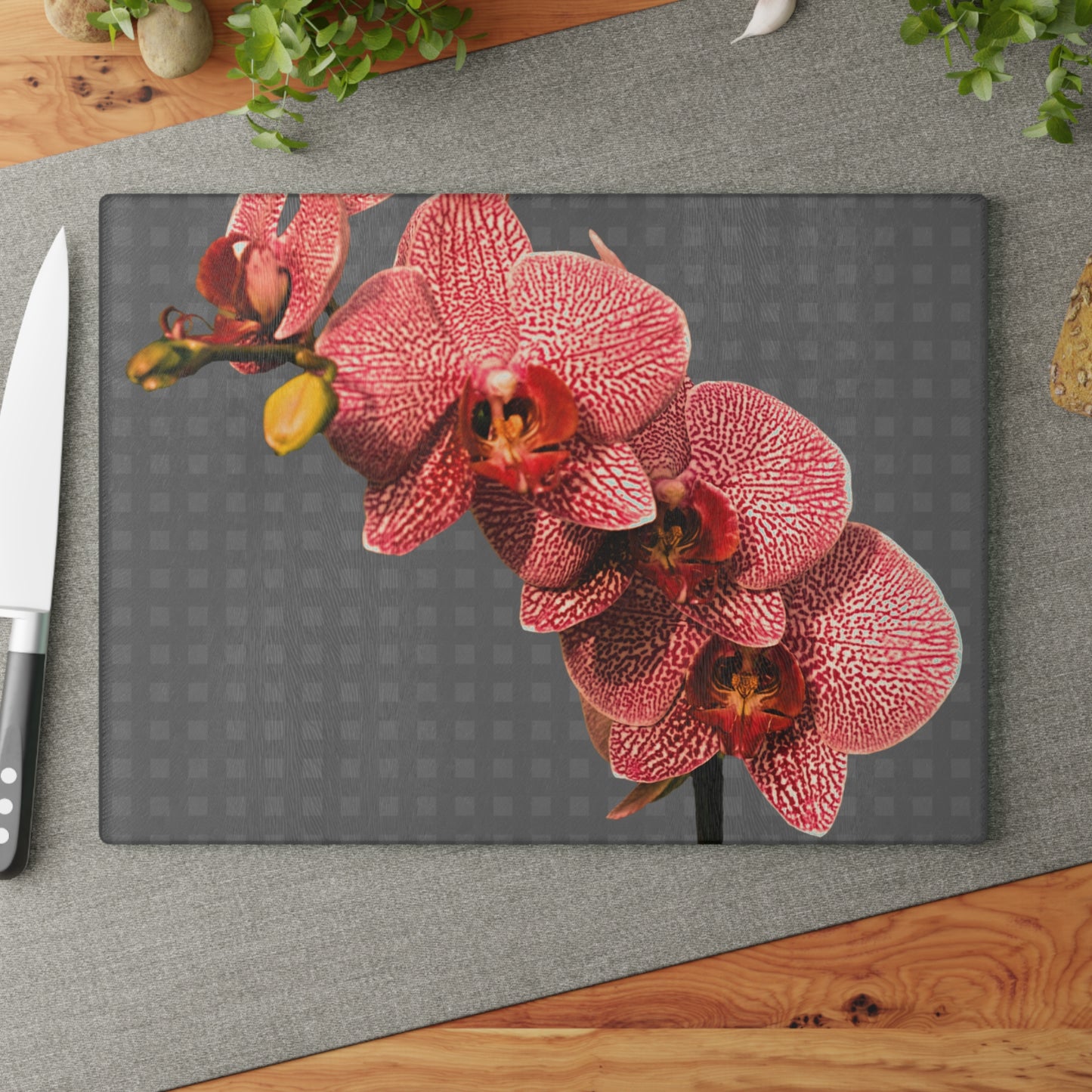 Glass Cutting Board, 2 sizes - Red Orchid, Grey Wicker