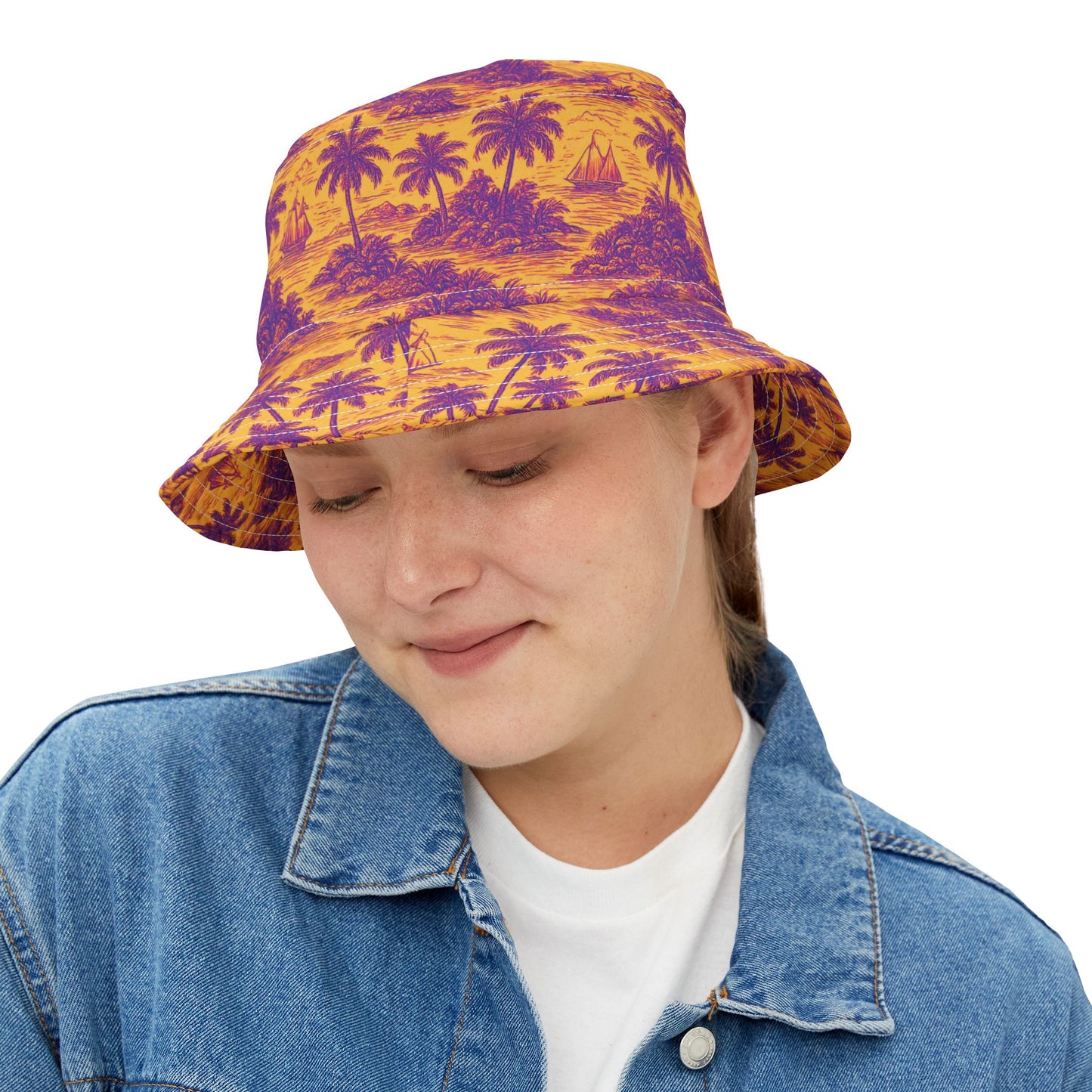 Tropical Polyester Bucket Hat, 2 Sizes - Faraway Toile/Pop