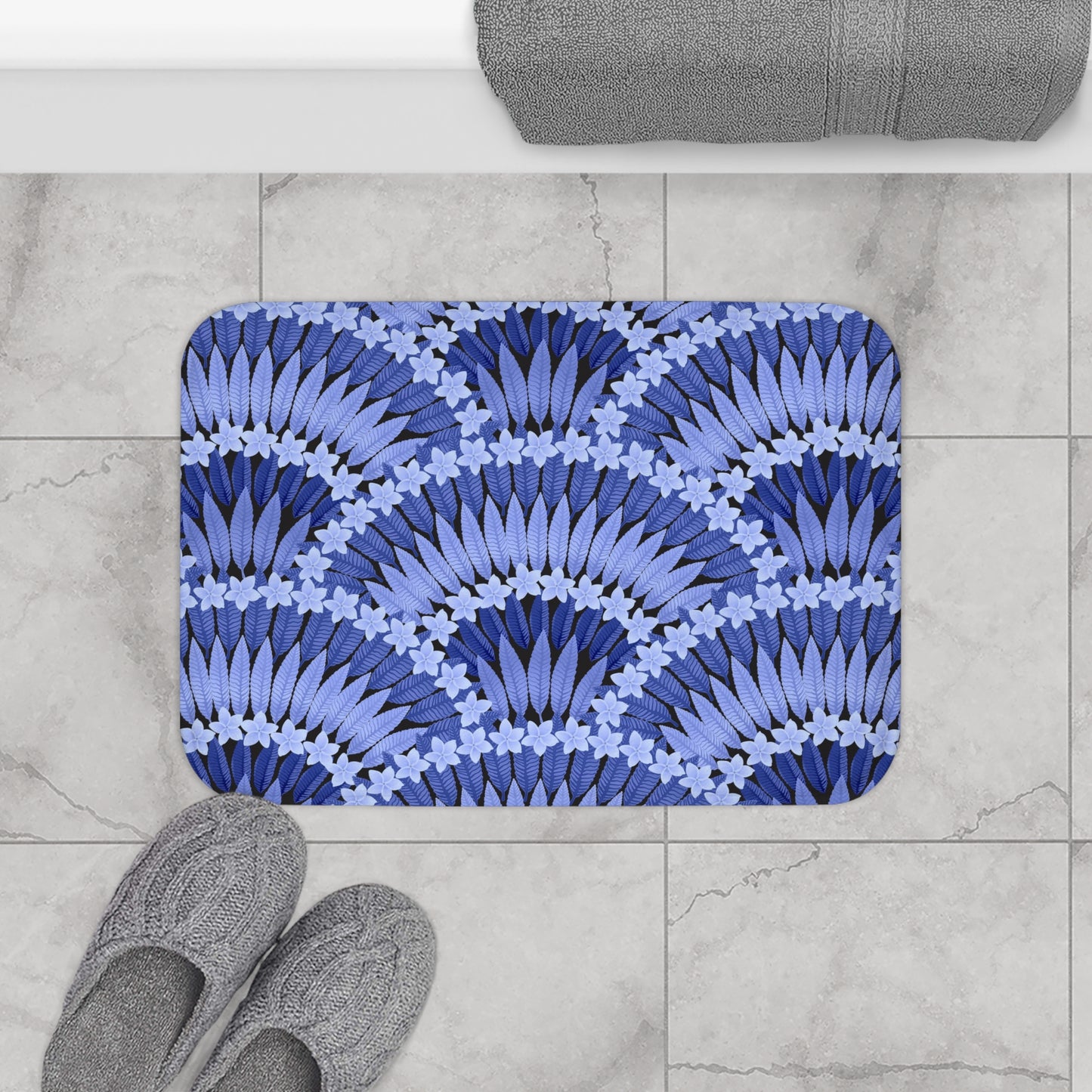 Plumeria and Palms, Blue, Bath Mat - Tropical Vibes for Home Decor