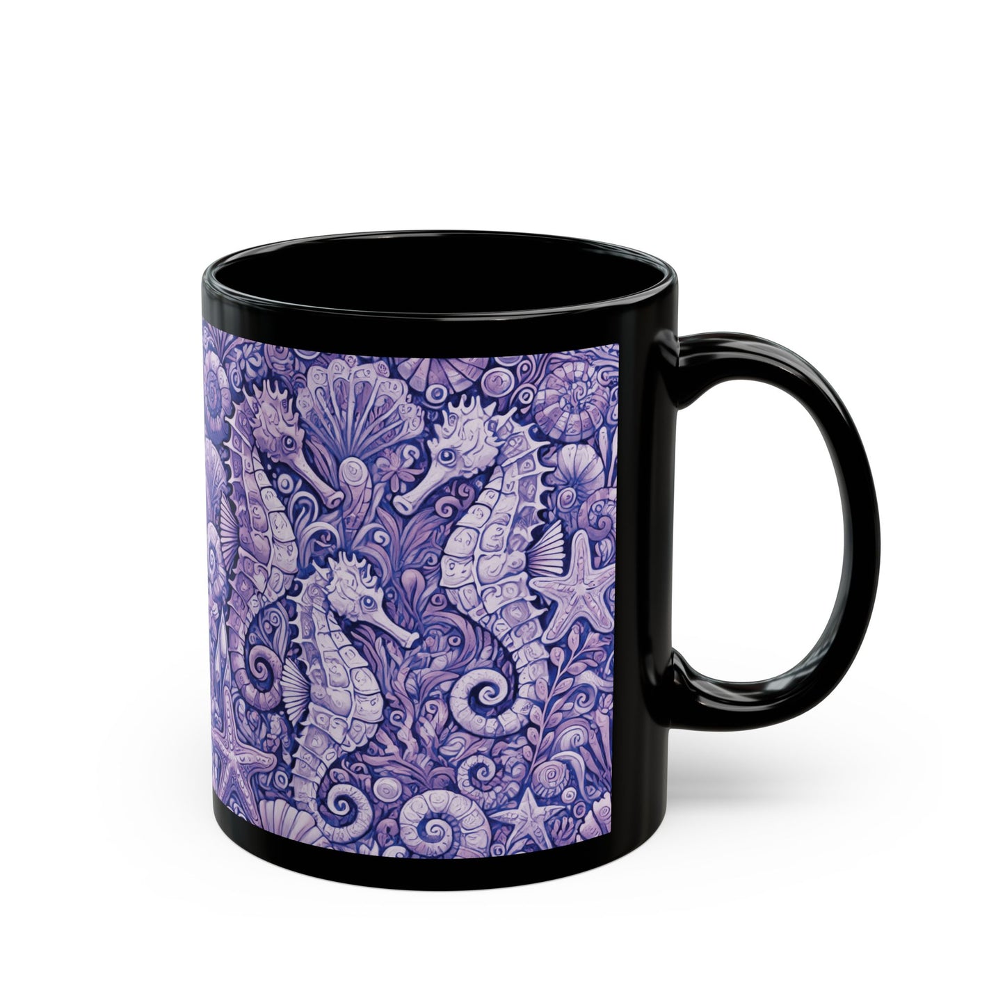 Black Coffee Mug - Seahorse Trio, Purple