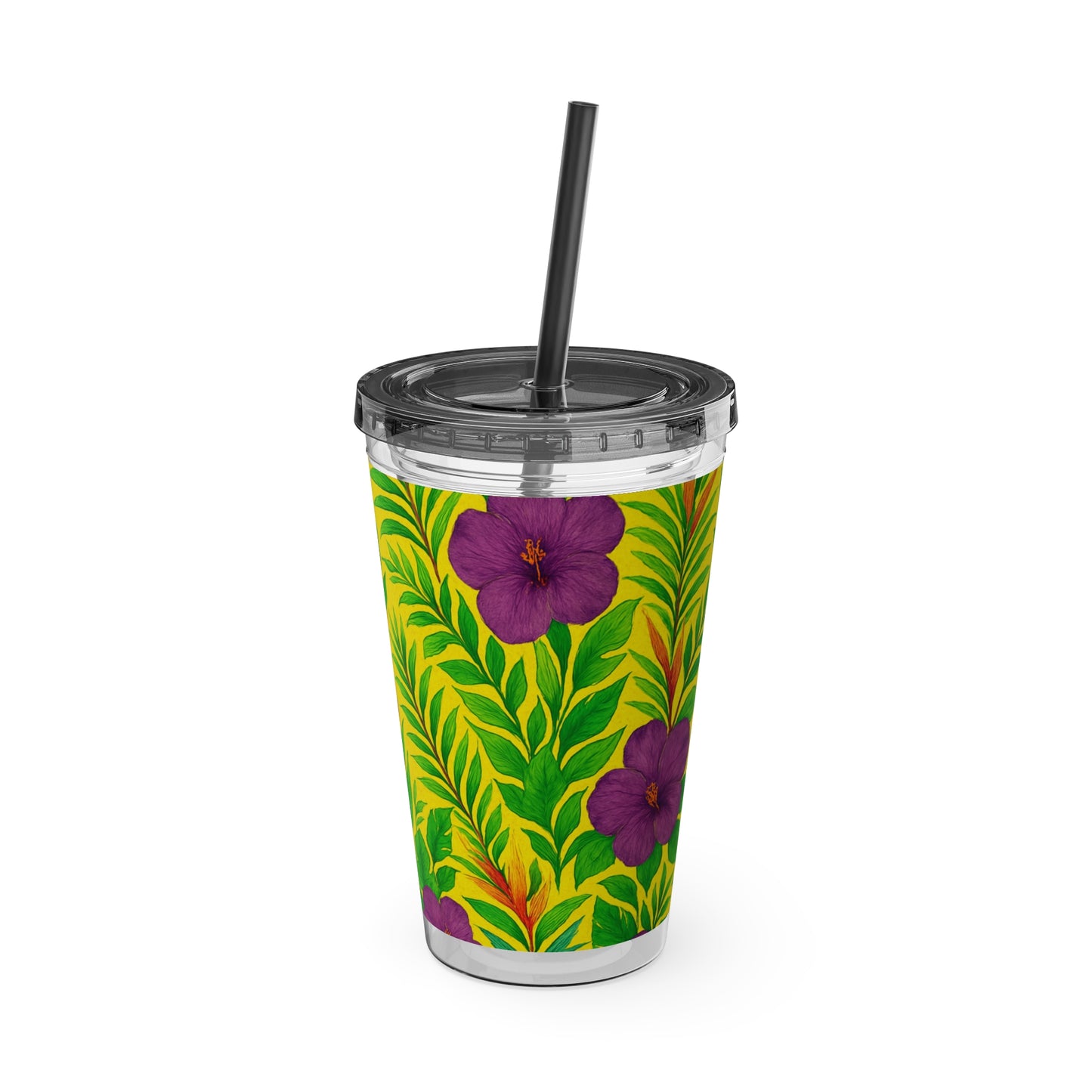 Tropical Tumbler with Straw | 16oz Colorful Travel Cup / Midnight Flower Yellow