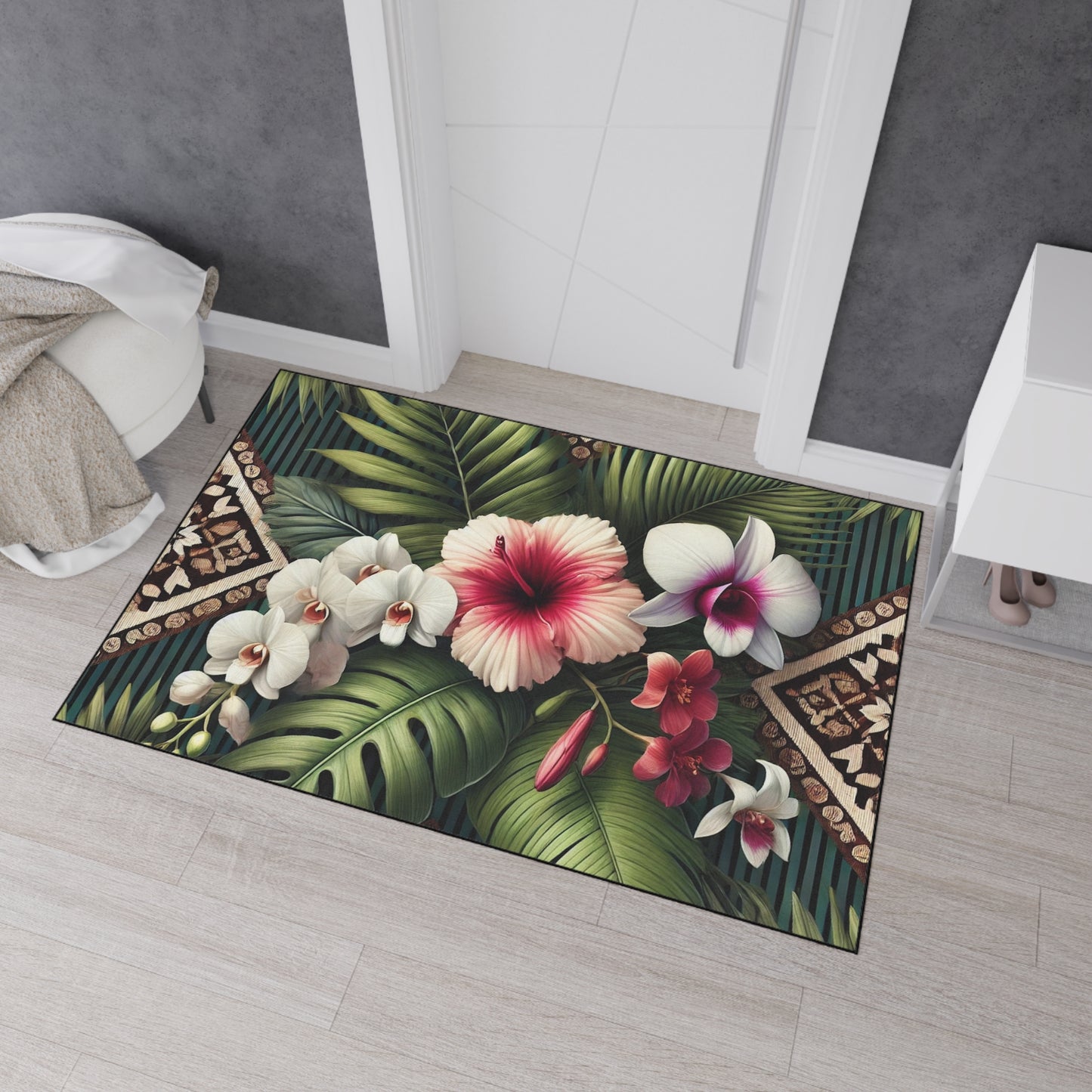 Heavy Duty Floor Mat, 5 Sizes – Tropical Area Rug for Home Décor / Tiki Orchids