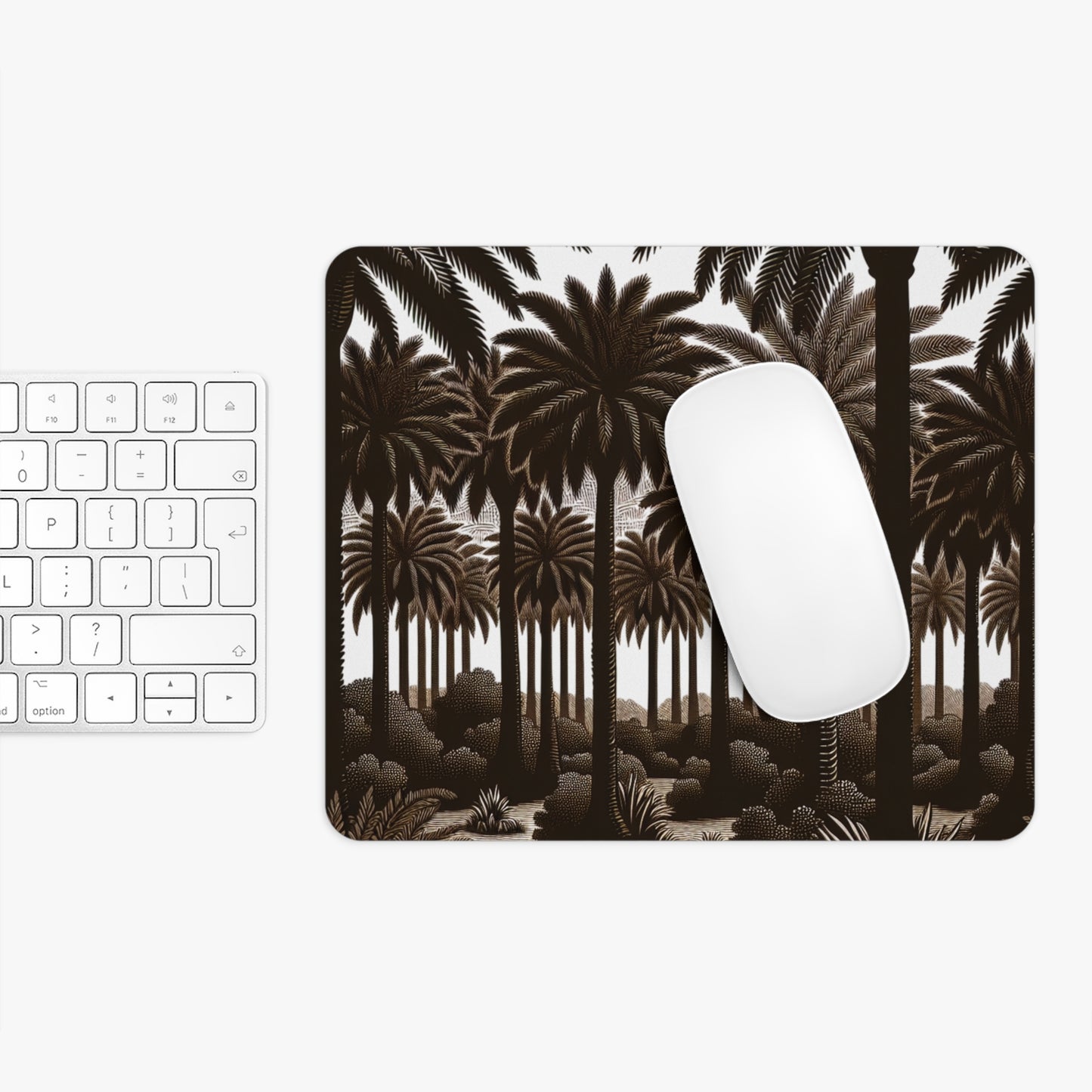 Tropical Mouse Pad, 2 Shapes - Beach Vibes for Home Office & Gamer / Woodcut Palms