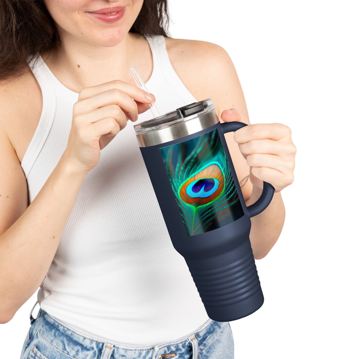 Insulated Travel Mug, 40oz / Peacock Eye Feather, Turquoise- Perfect for Outdoor Adventures