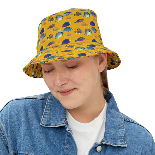 Tropical Polyester Bucket Hat, 2 Sizes - School of Fish / Yellow