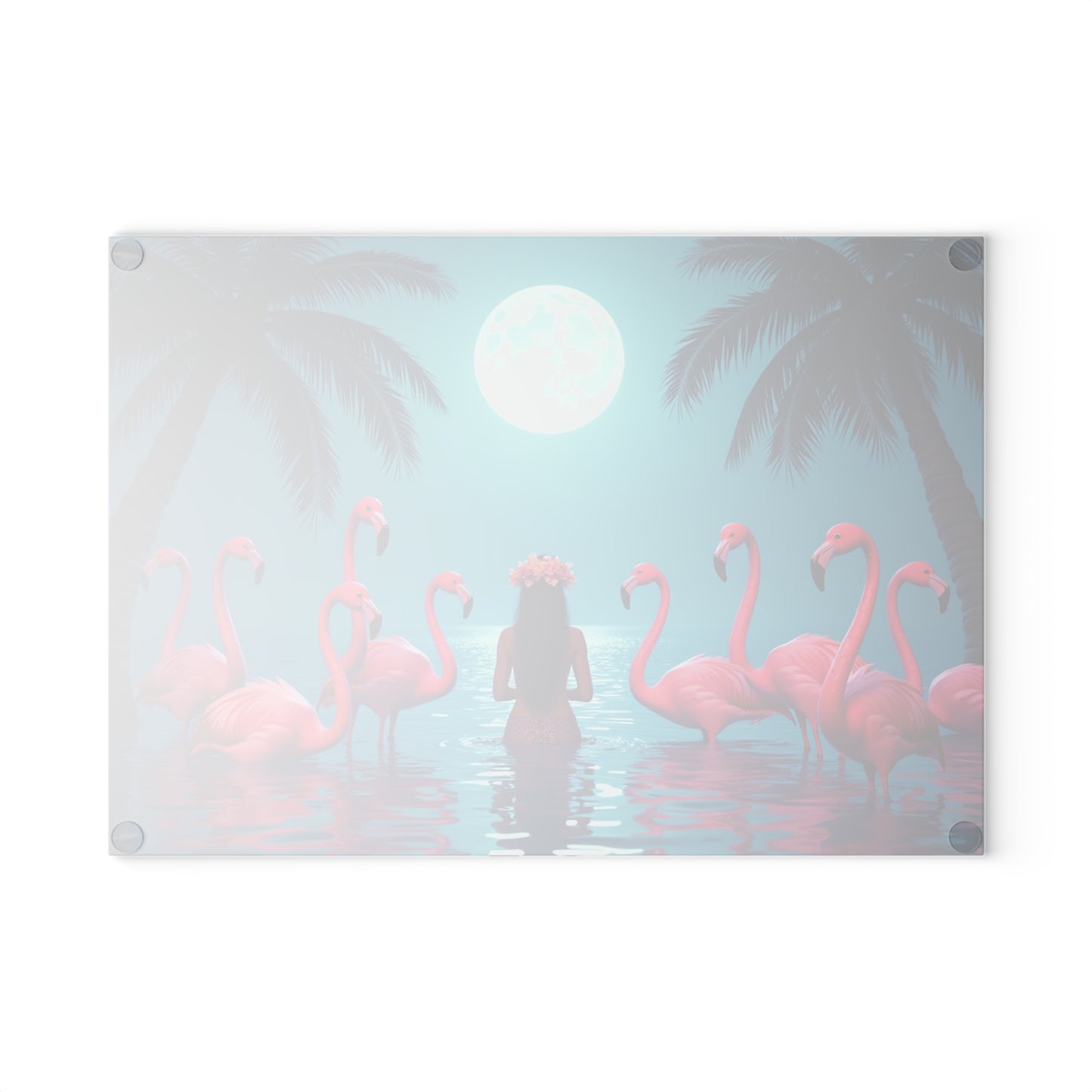 Glass Cutting Board, 2 sizes - Moonlit Mermaid and Flamingos