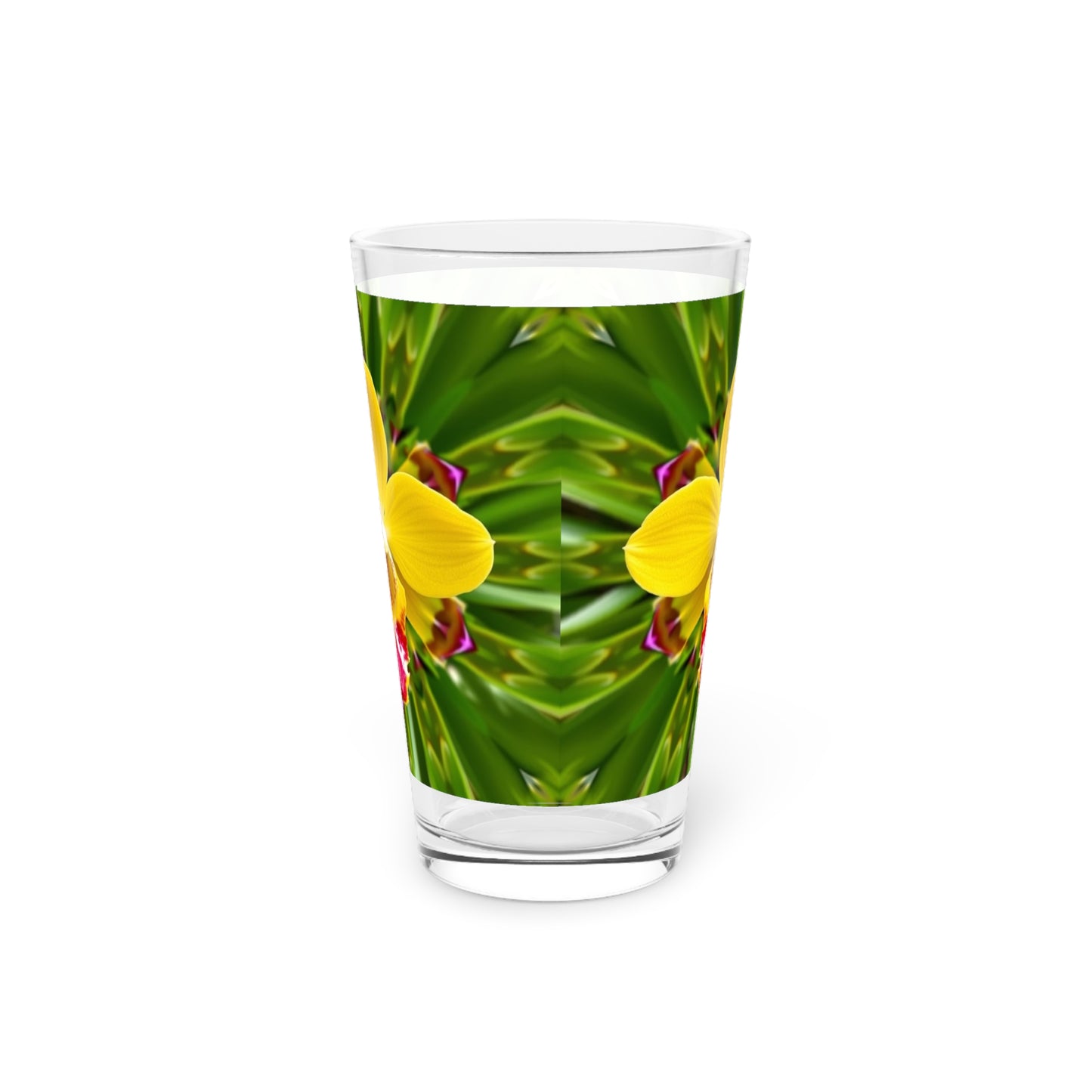 Pint Glass, 16oz, Yellow Orchid Kaleidoscope