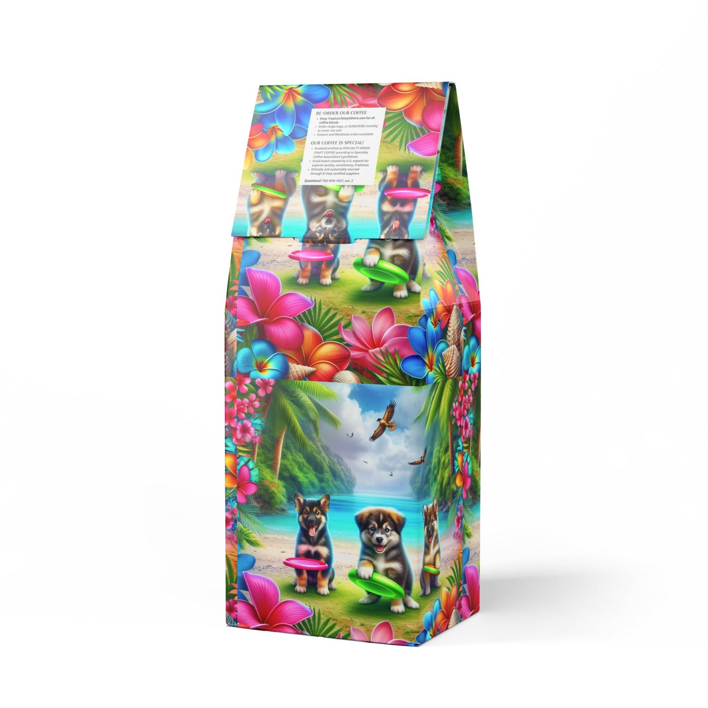 Cocoa Palms Blend™ (Medium-Dark Roast) Specialty Grade Craft Coffee / Beach Dogs Playing Frisbee