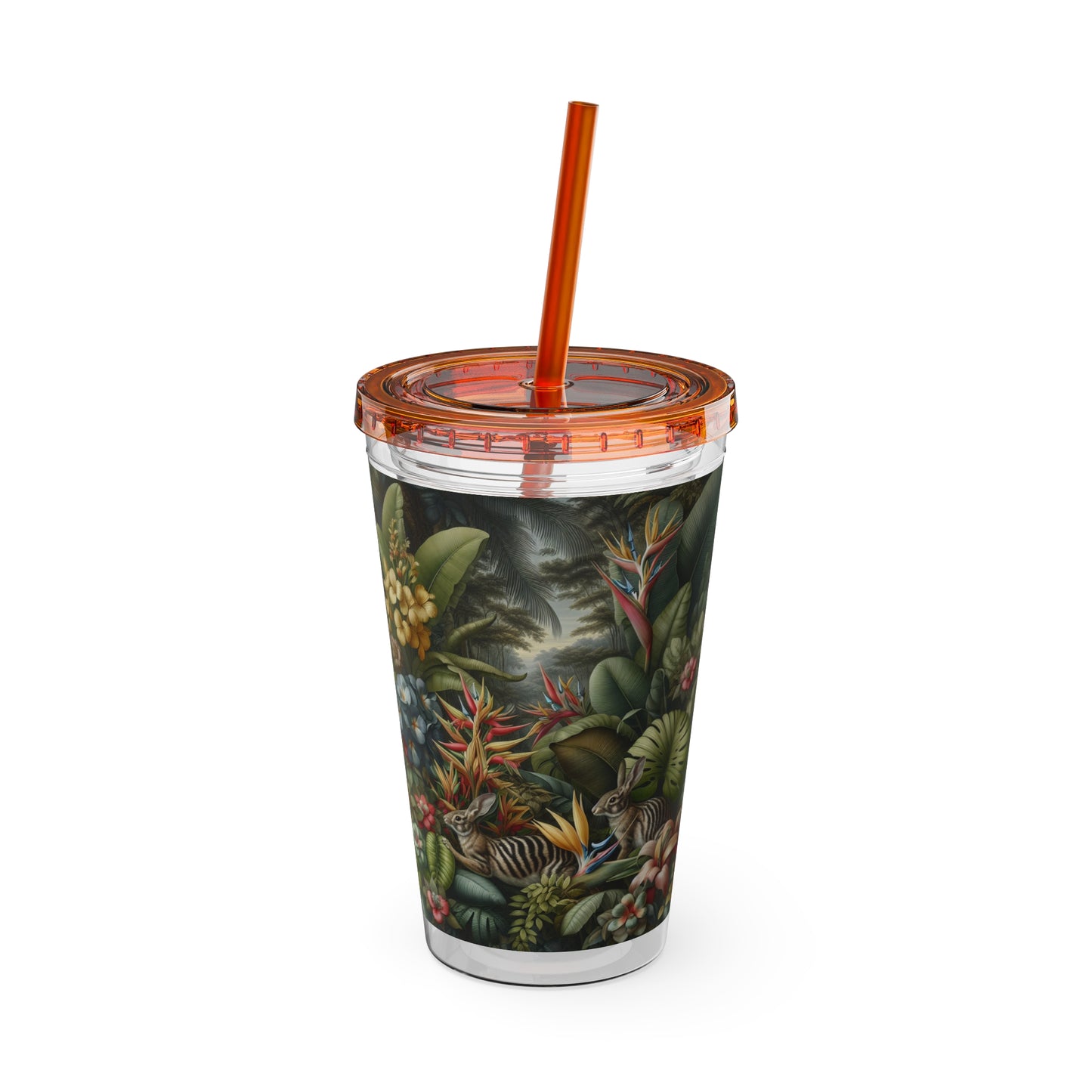 Tropical Tumbler with Straw | 16oz Colorful Travel Cup / Rainforest Rabbit Outing