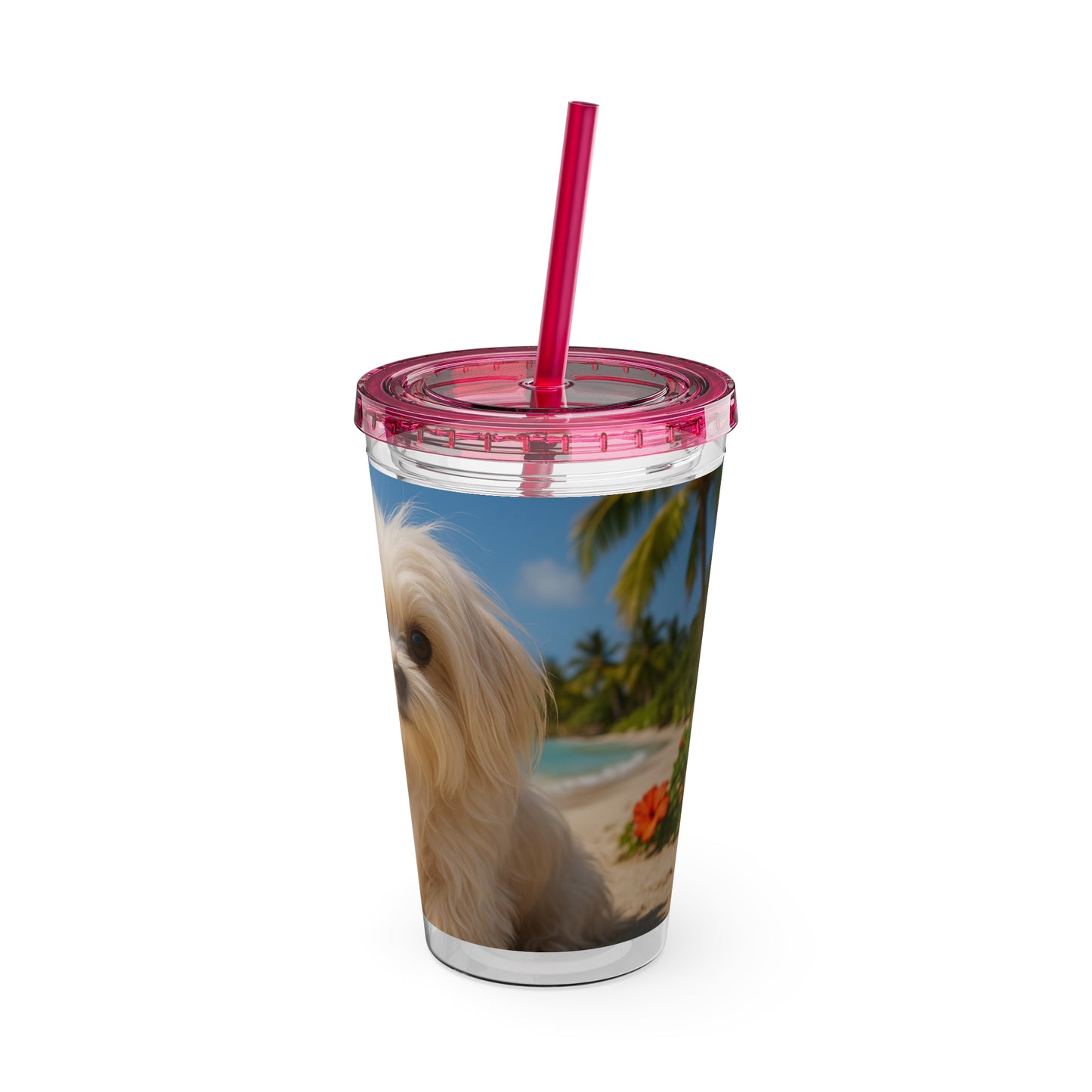 Tropical Tumbler with Straw | 16oz Colorful Travel Cup / Puppy Ariel at the Beach
