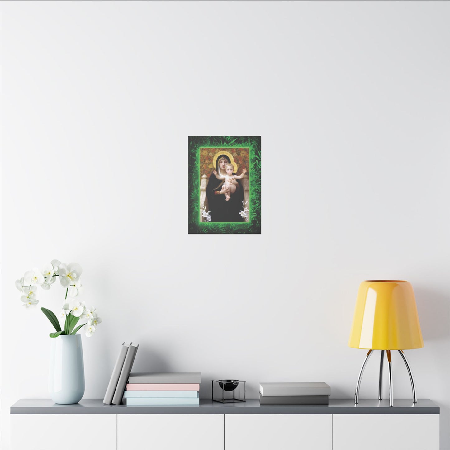 "Tropical Rainforest Madonna of Lilies" Religious Canvas Artwork - Stretched Canvas Print / Virgin Mary & Jesus