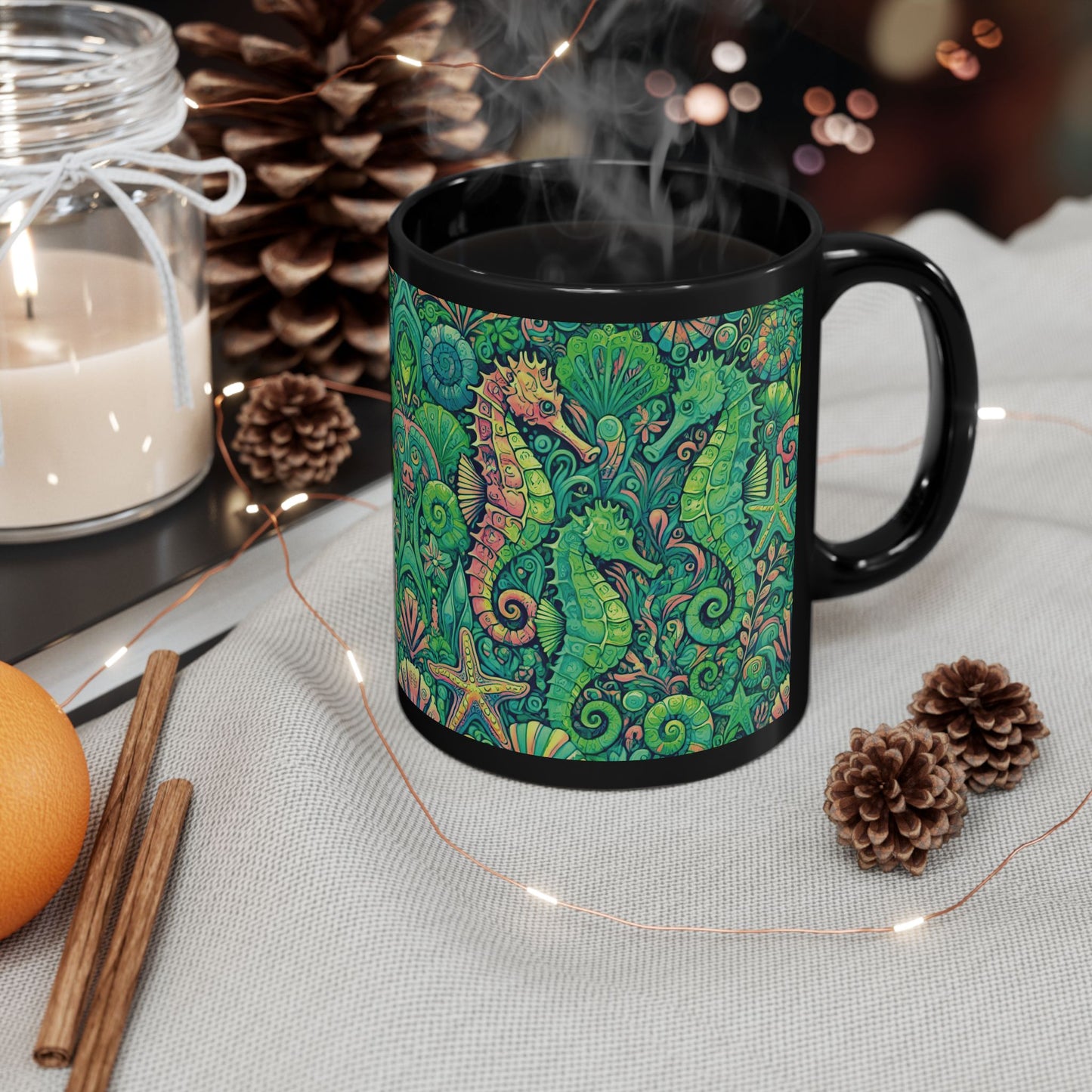 Black Coffee Mug - Seahorse Trio, Lime