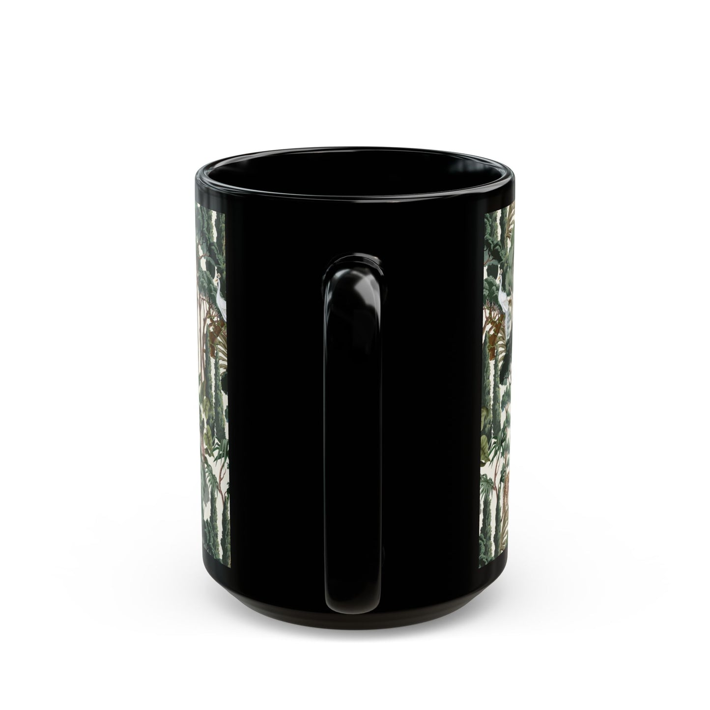 Black Mug (11oz, 15oz), Hiding Peacocks, White