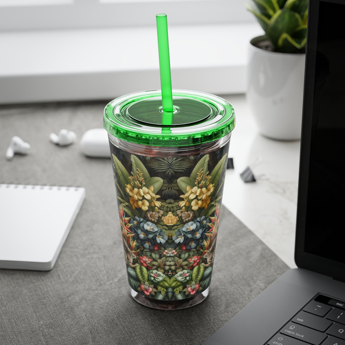 Tropical Tumbler with Straw | 16oz Colorful Travel Cup / Rainforest Rabbit Outing