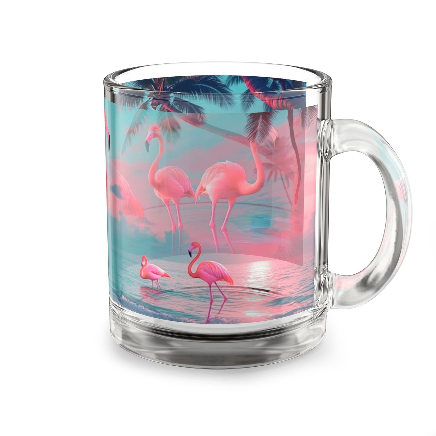 Tropical Glass Mug - 10oz Coffee Cup / Neon Flamingos at Night