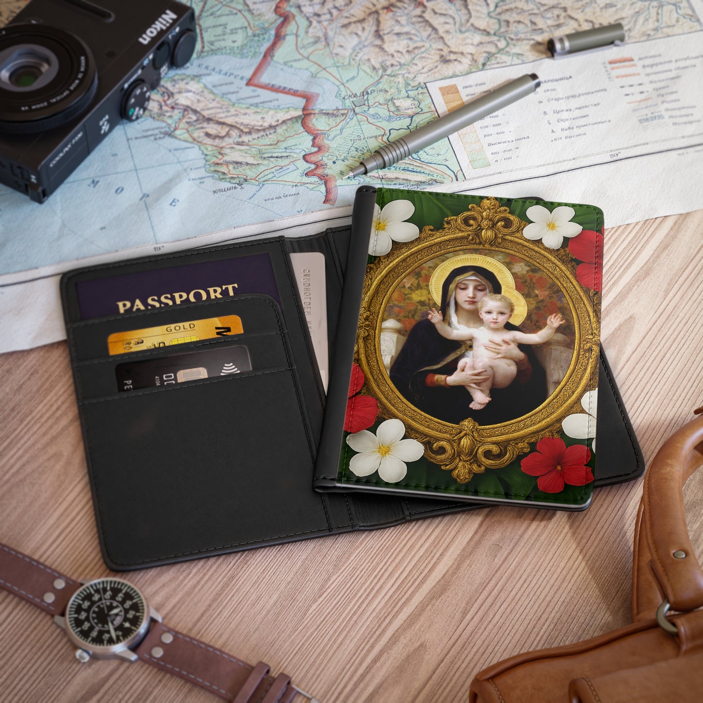 Religious Tropical Passport Cover, Faux Leather - RFID blocking for travel security / Virgin of the Lilies