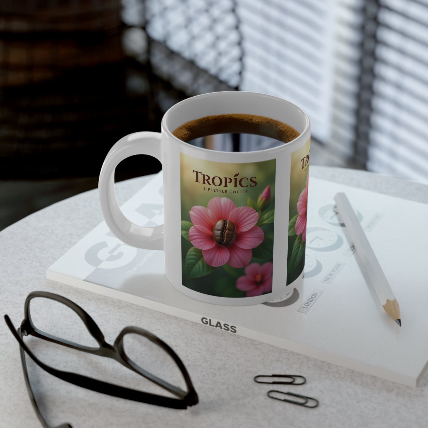 Jumbo Mug, 20oz, Pink Flower/Bean TLCoffee Logo | Tropical Coffee Cup