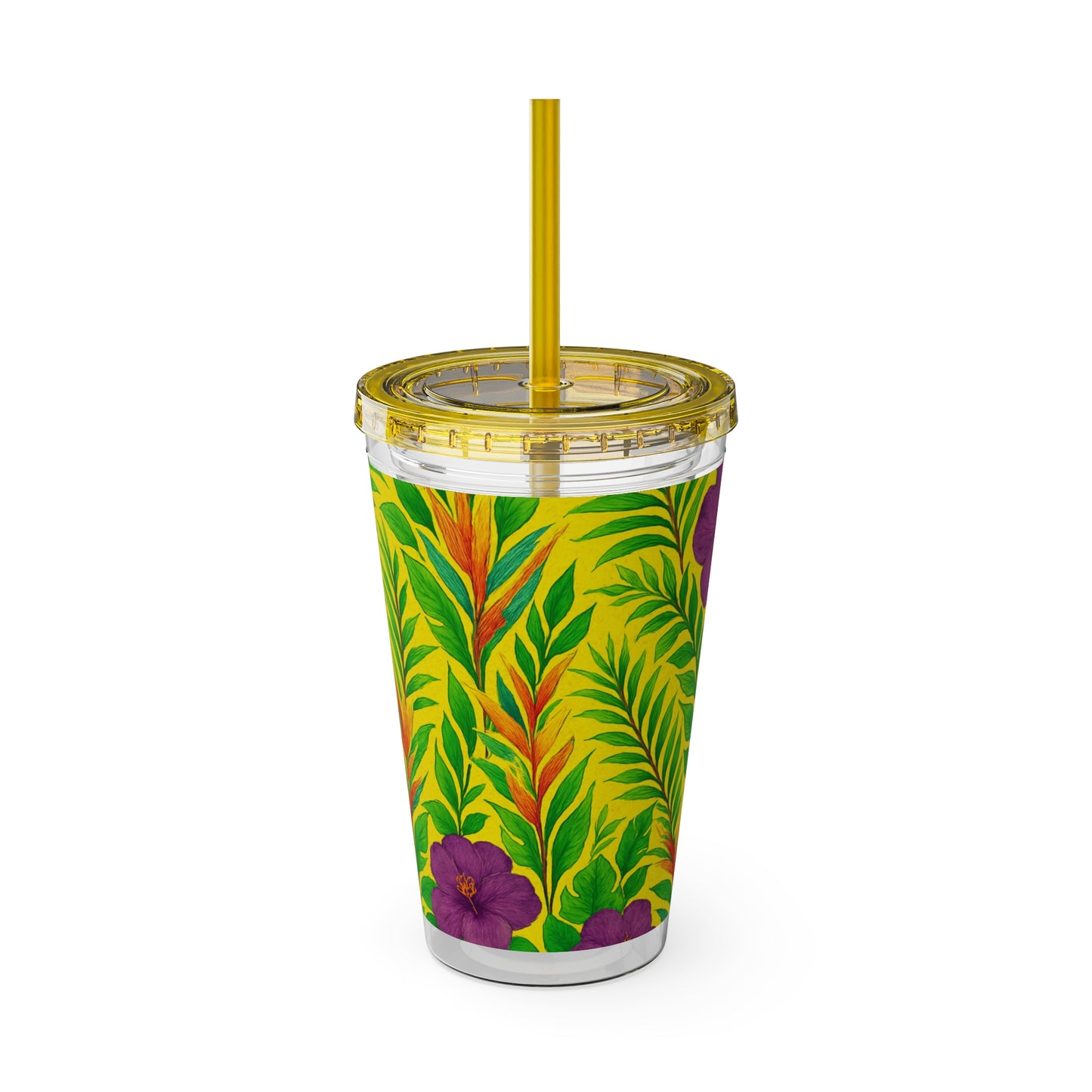Tropical Tumbler with Straw | 16oz Colorful Travel Cup / Midnight Flower Yellow