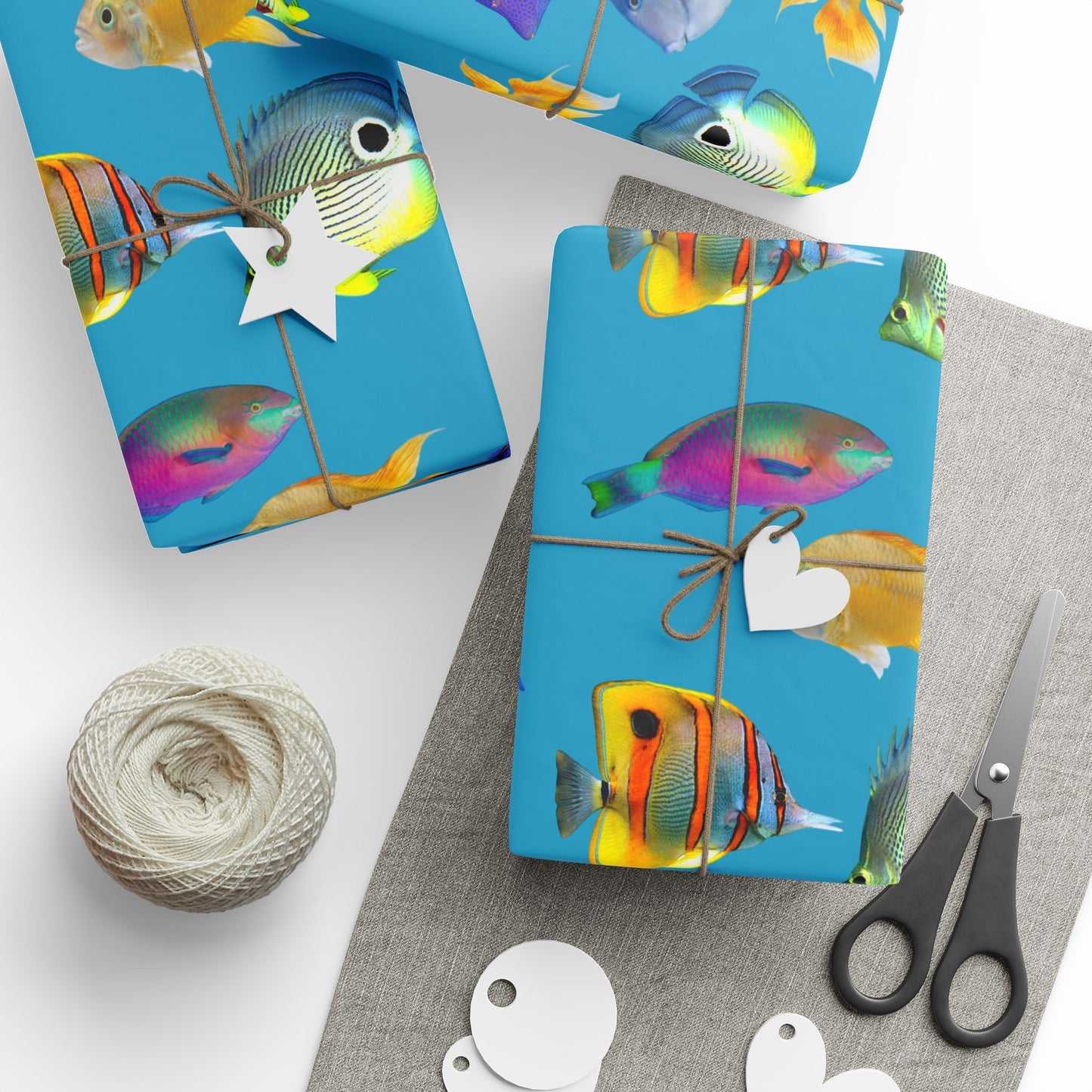 Wrapping Paper - Tropical Gift Wrap for All Occasions, 3 Sizes/2 Finishes / School of Fish, Turquoise