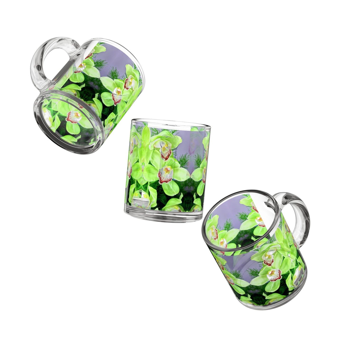 Kaleido Green Orchids Glass Mug - 10oz, Perfect for Flower Lovers