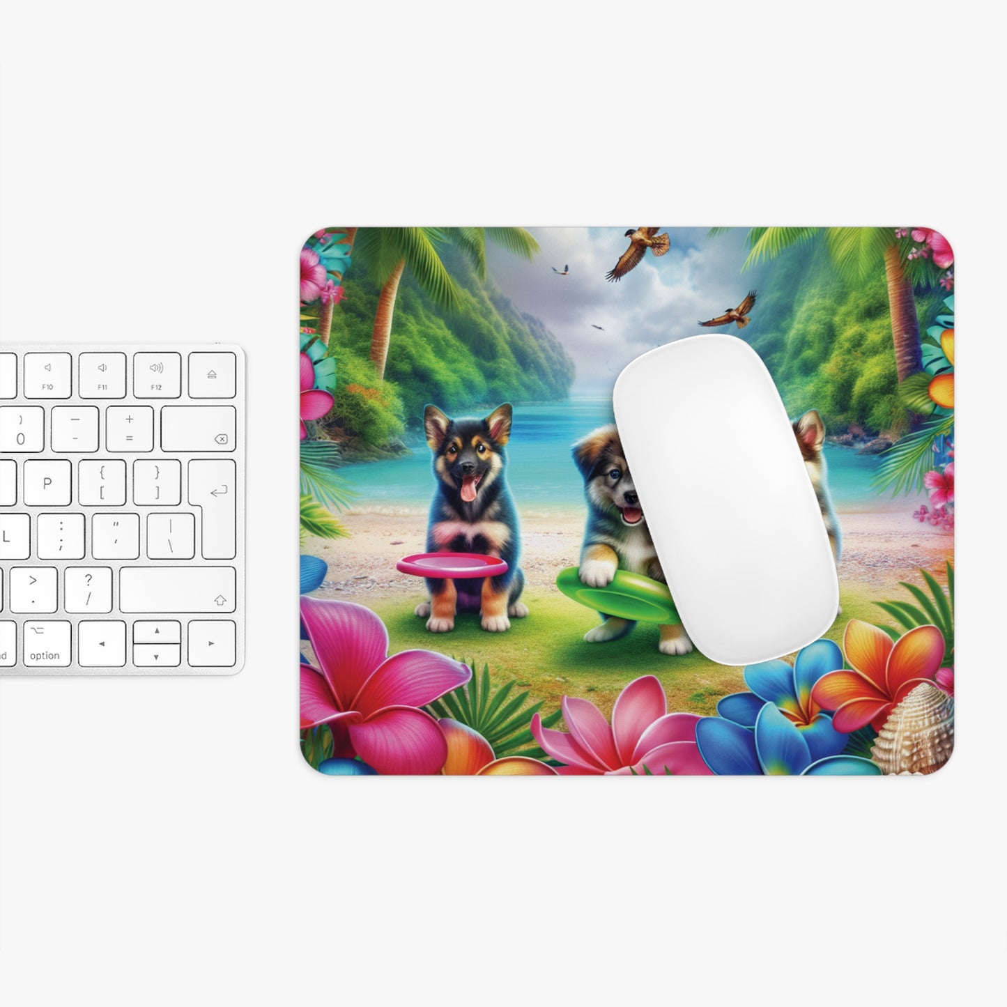 Tropical Mouse Pad, 2 Shapes - Beach Vibes for Home Office & Gamer / Three Puppies on Beach Playing Frisbee