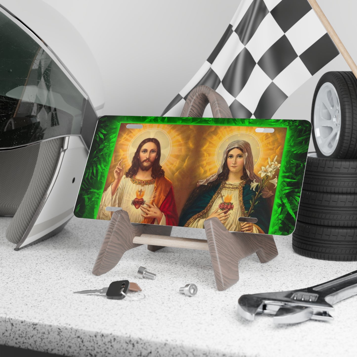 Jesus and Mary Vanity Plate - Tropical Glow Religious Design for Cars, Trucks, and Decor