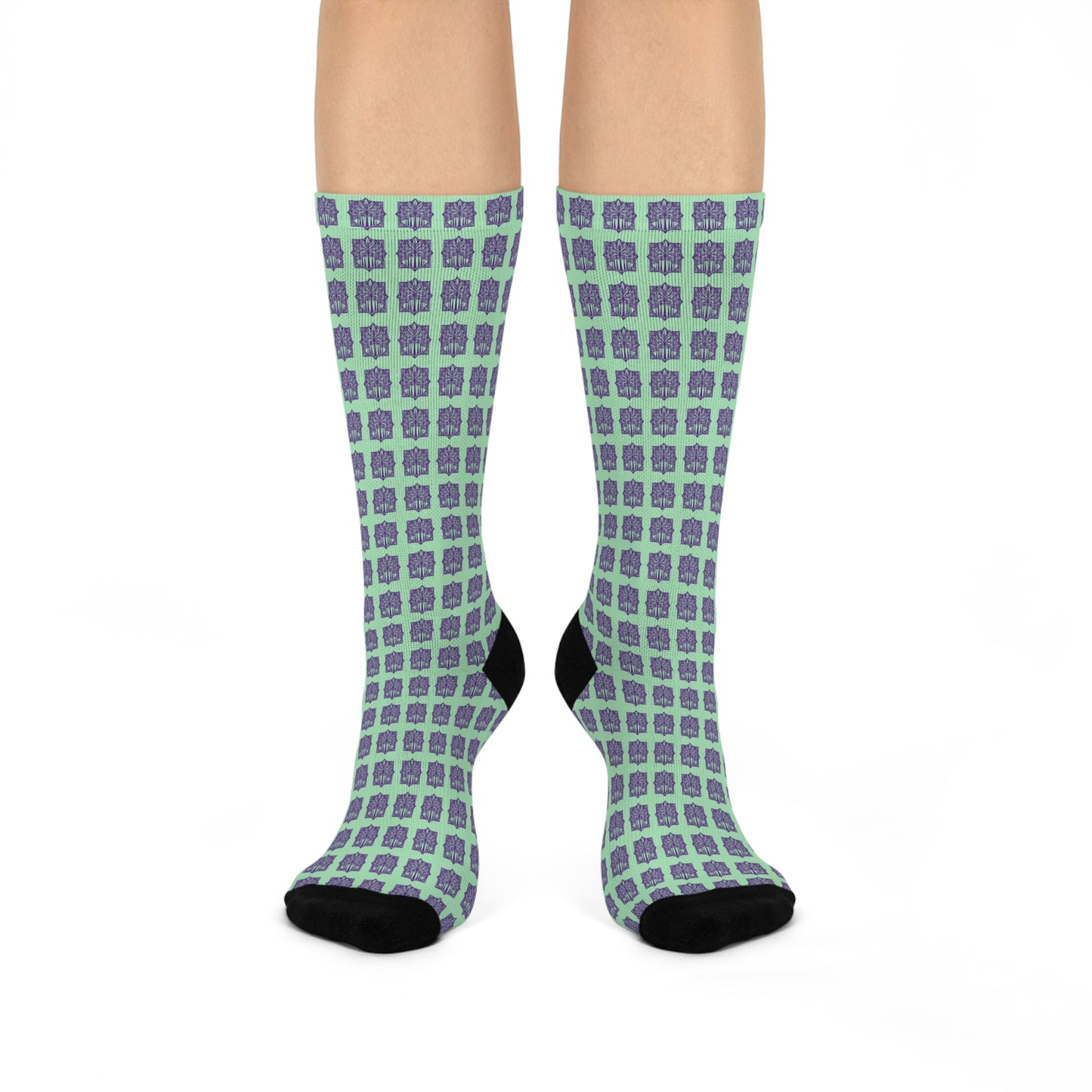 Cushioned Crew Socks - Deco Palm Trees, Mint Green