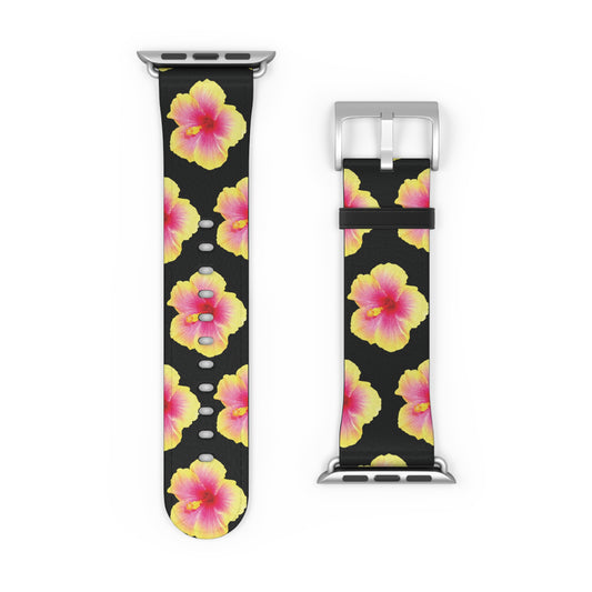Apple Watch Band - REAL Yellow/Orange Hibiscus Flower, Black