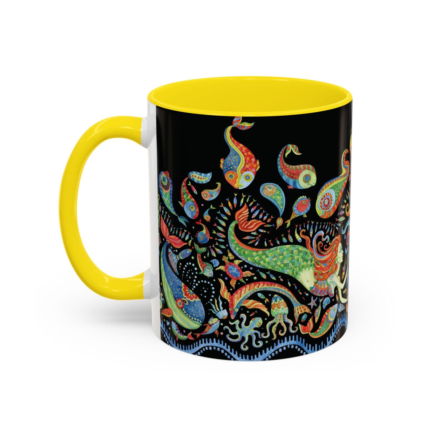 Mermaid Kingdom/Black, Coffee Mug, 8 Colors - Fun Tropical Drinkware for Beach Vibes