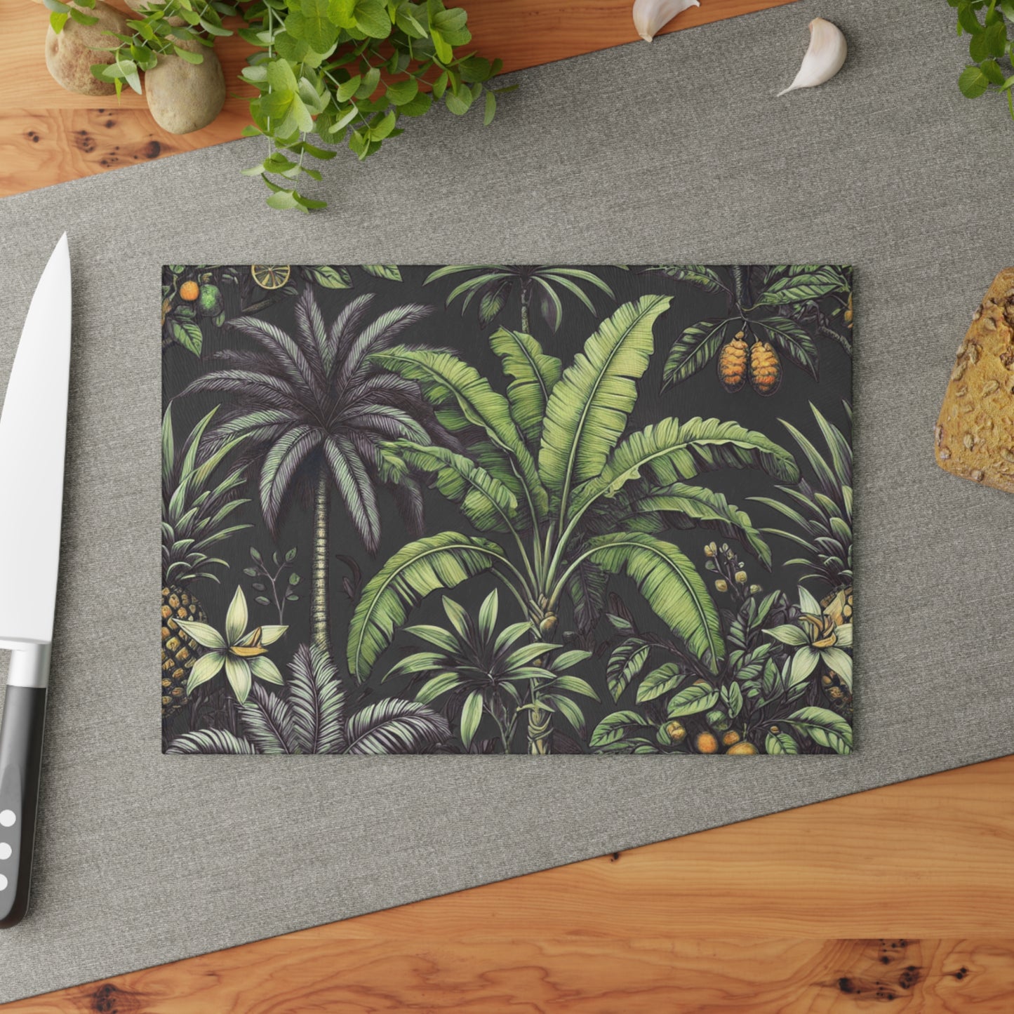 Glass Cutting Board, 2 sizes - Tropical Fruit, Black