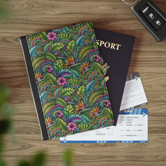 Tropical Passport Cover, Faux Leather - RFID blocking for travel security / Rainforest Blooms