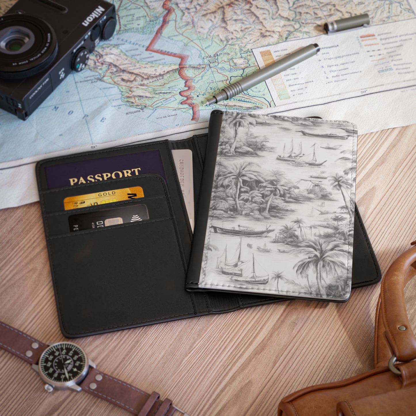 Tropical Passport Cover, Faux Leather - RFID blocking for travel security / Tropical Toile, Soft Black