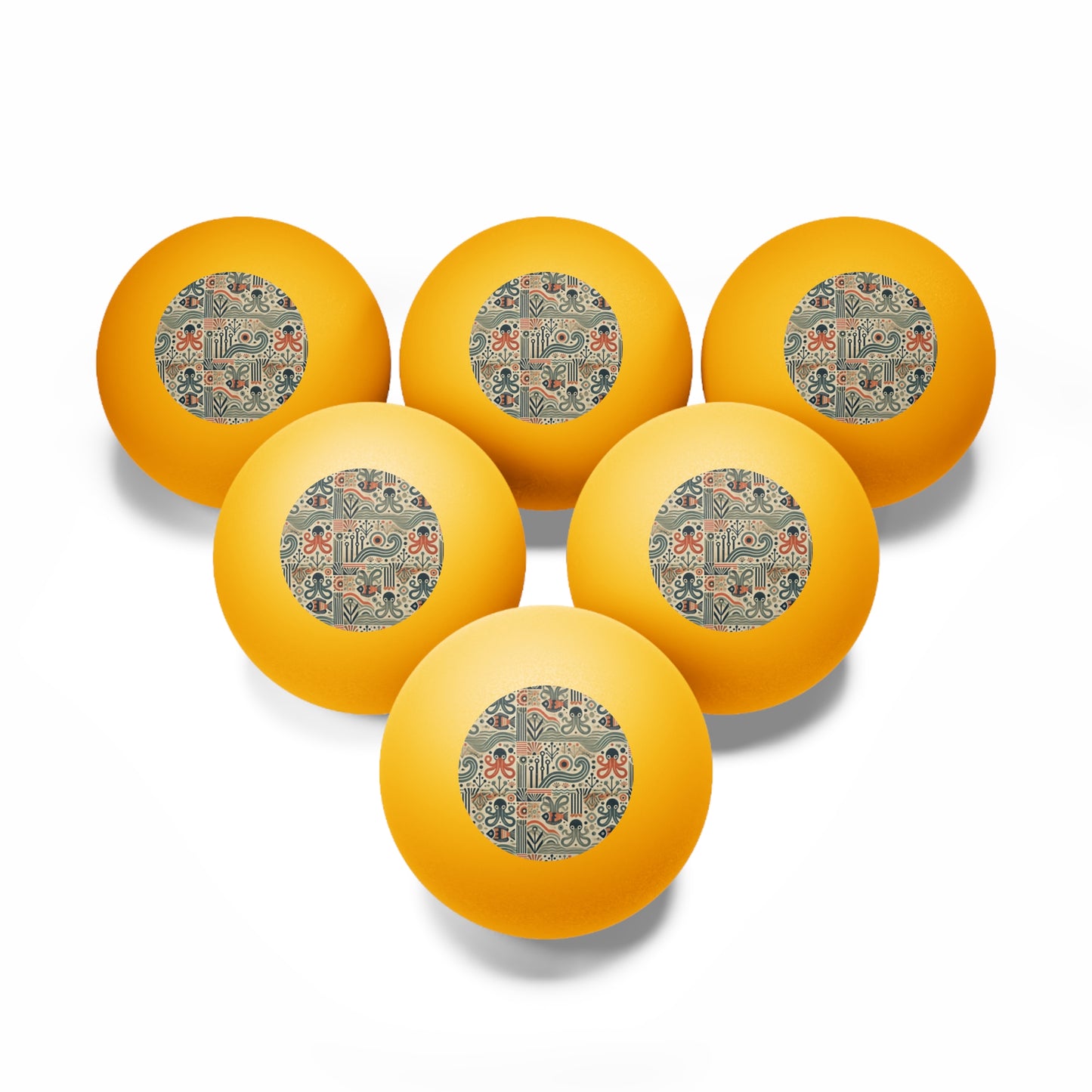 Tropical Paradise Ping Pong Balls - 6 Pack with Mid-Century Octopus/Orange