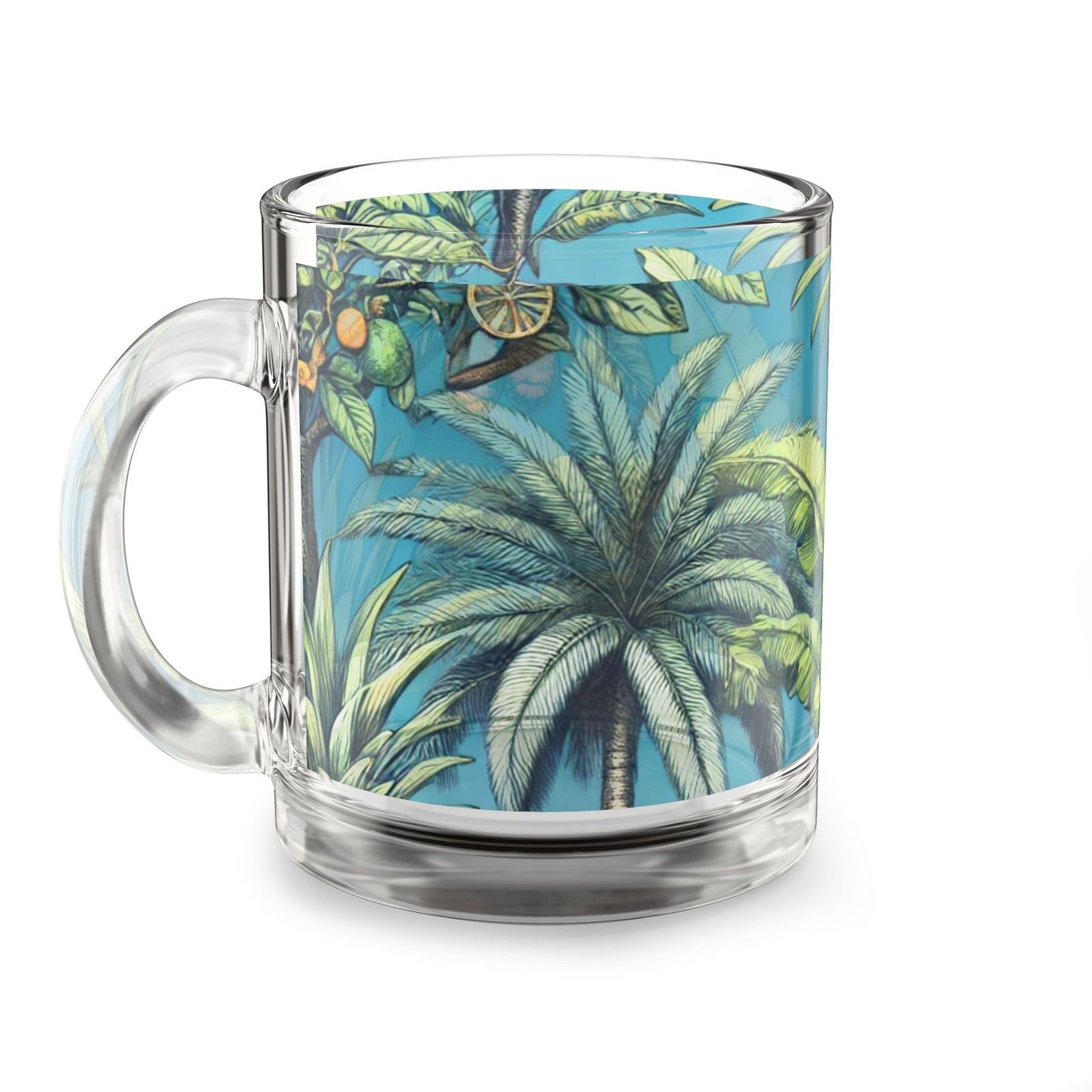 Tropical Glass Mug - 10oz Coffee Cup / Tropical Fruit Blue