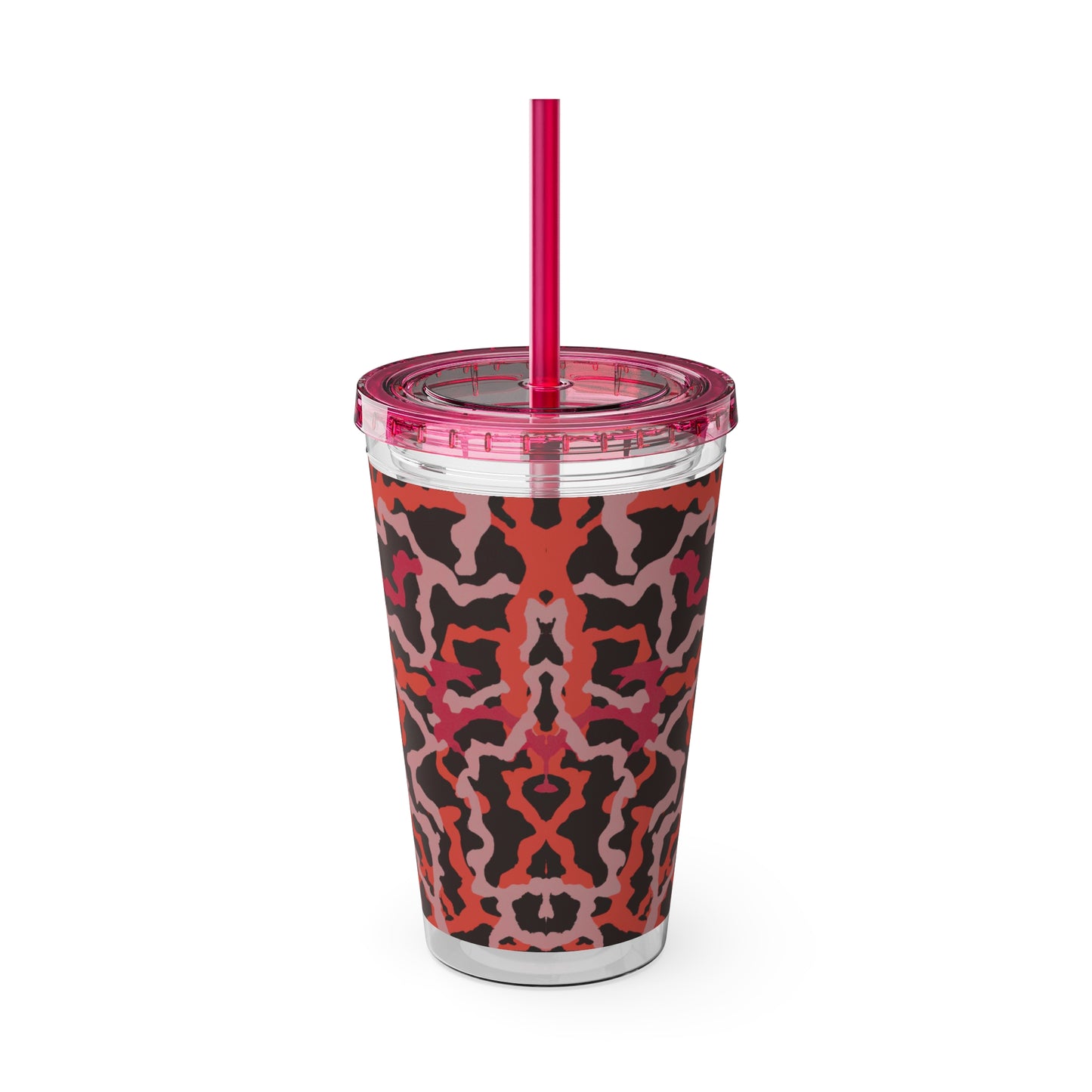 Tropical Tumbler with Straw | 16oz Colorful Travel Cup / Coral Threads, Red