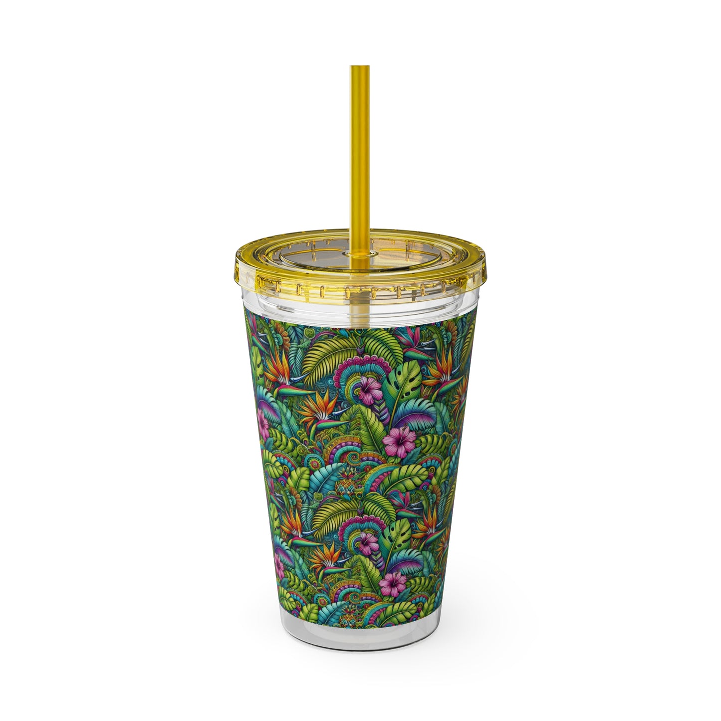 Tropical Tumbler with Straw | 16oz Colorful Travel Cup / Rainforest Blooms