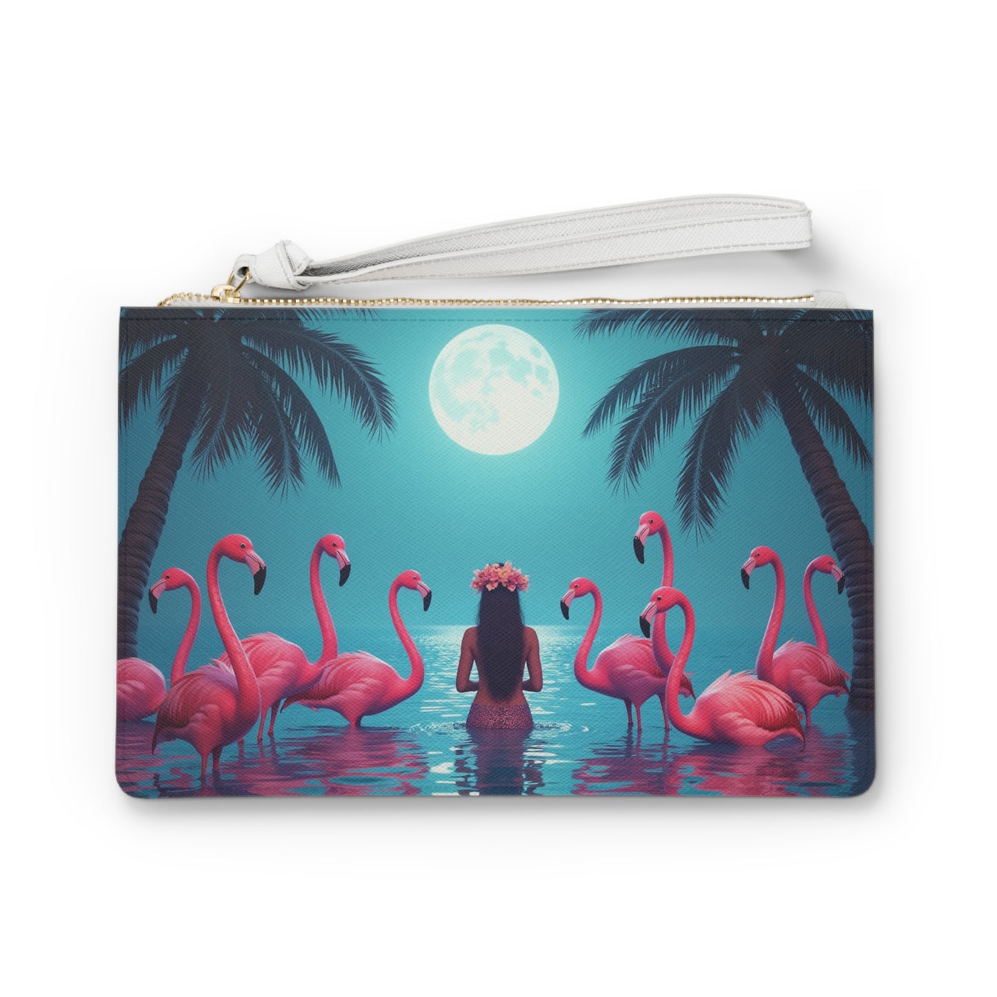 Tropical Faux Leather Clutch Bag - Perfect for Beach Adventures & Summer Vacations / Moonlit Mermaid and Flamingos