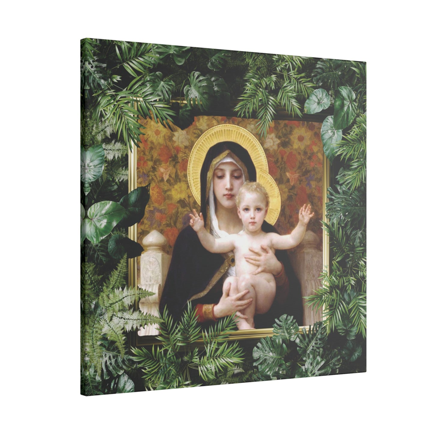 "Tropical Madonna of Lilies" Religious Canvas Artwork - Stretched Canvas Print / Virgin Mary & Jesus