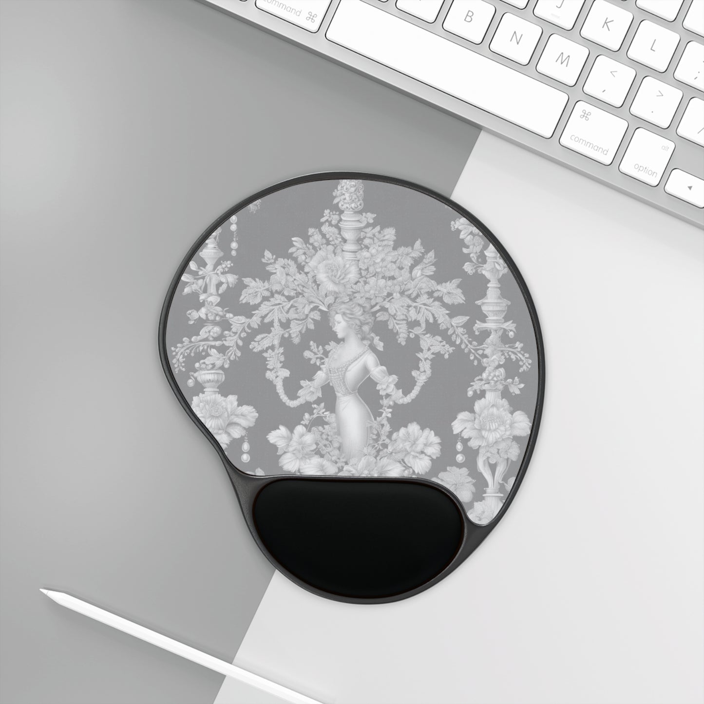 Mouse Pad With Wrist Rest, Pearl Lady Toile, Slate