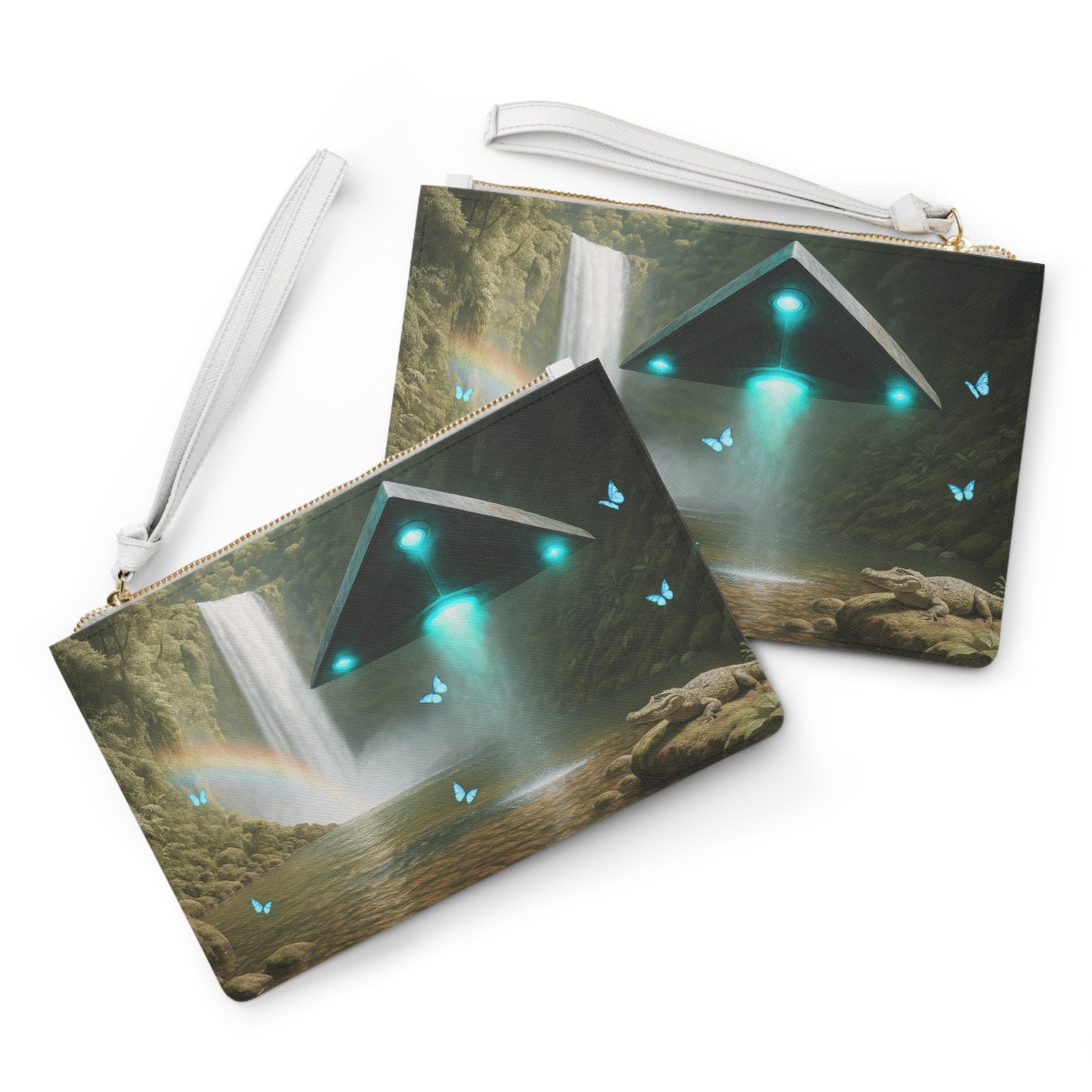 Tropical Faux Leather Clutch Bag - Perfect for Beach Adventures & Summer Vacations / UFO and Waterfall