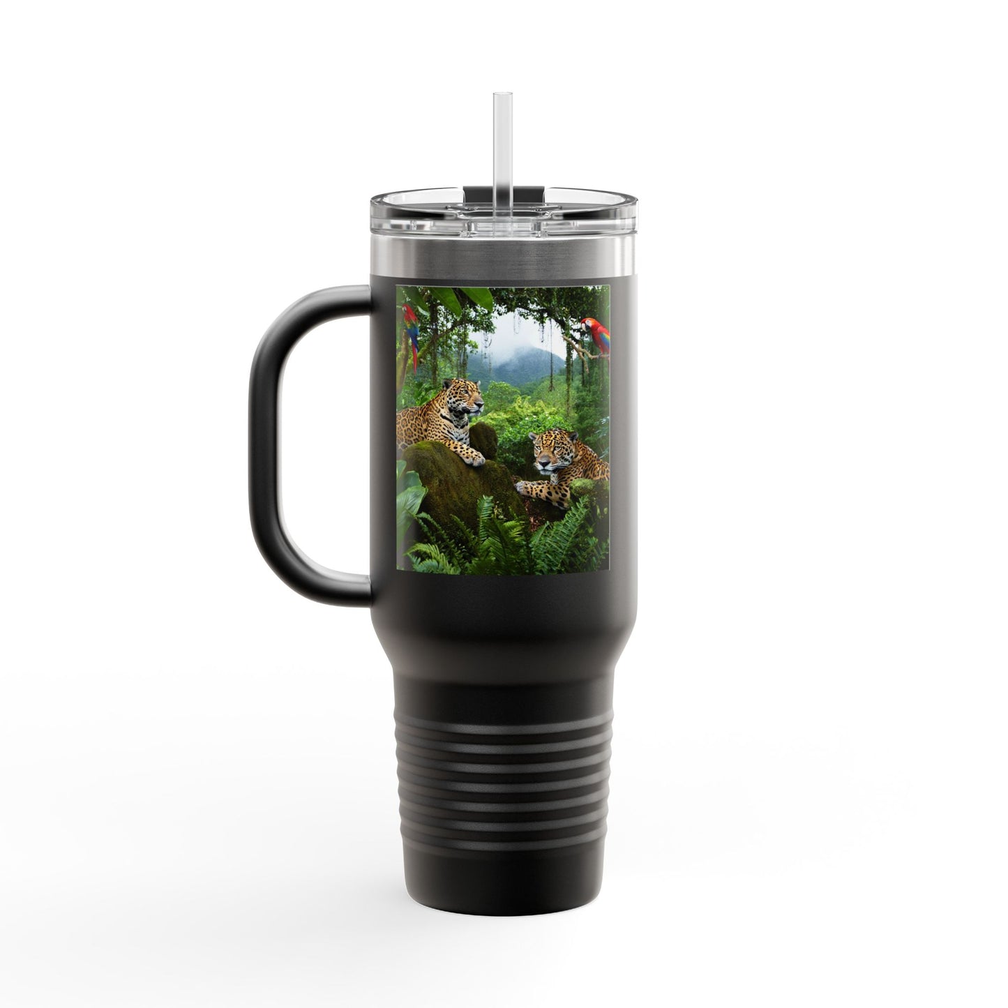 Insulated Travel Mug, 40oz / Jaguars and Parrots - Perfect for Outdoor Adventures
