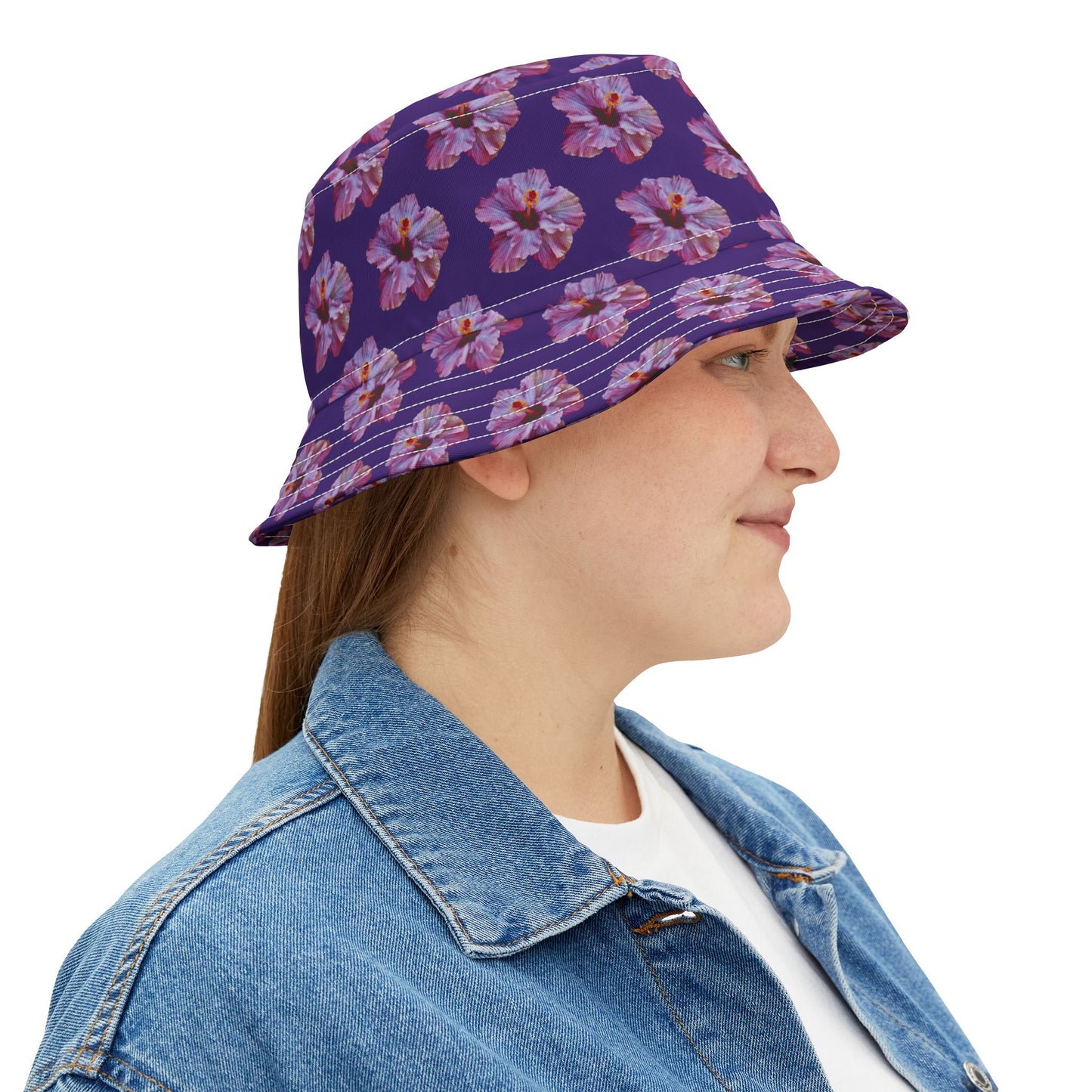 Tropical Polyester Bucket Hat, 2 Sizes - Purple Hibiscus/Purple