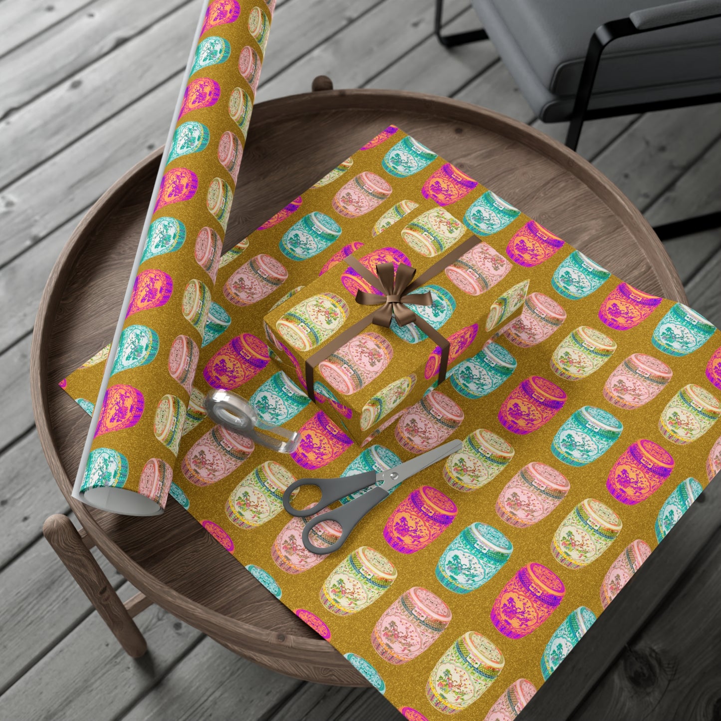 Wrapping Paper - Tropical Gift Wrap for All Occasions / 3 Sizes, 2 Finishes /Pop Art Porcelain Stools, Gold