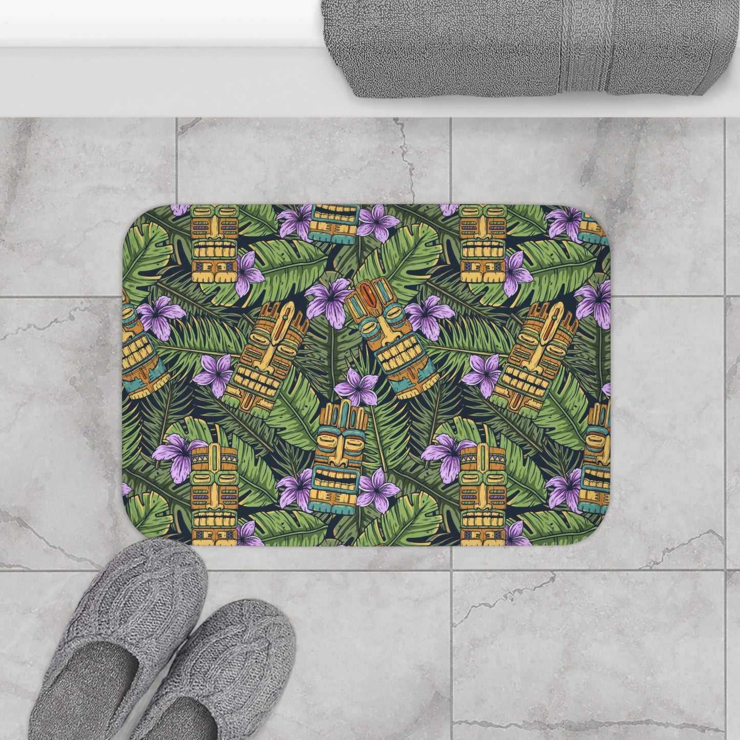 Tropical Tiki Bath Mat - Vibrant Floral Design / Tiki Purple Greenery