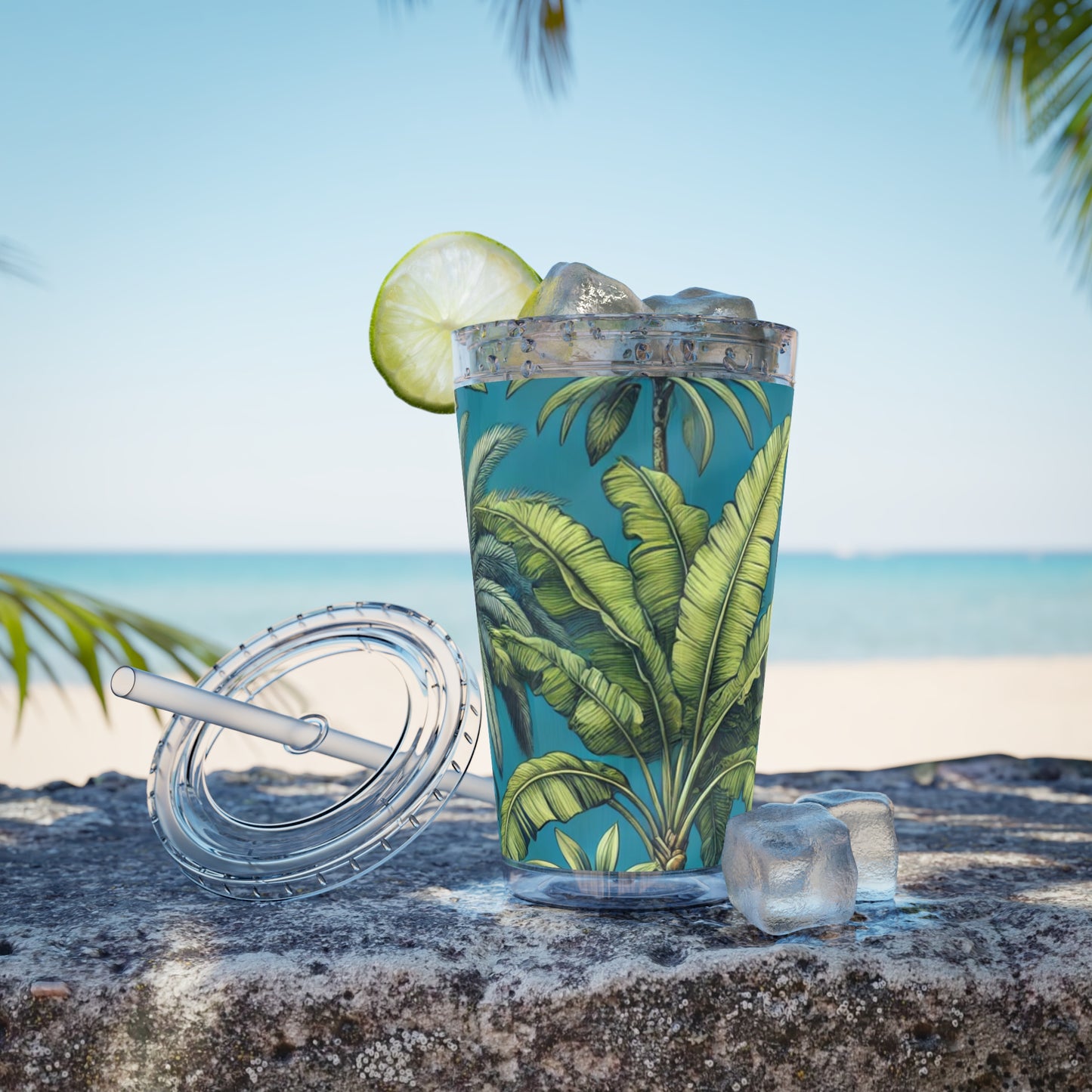 Tropical Tumbler with Straw | 16oz Colorful Travel Cup / Tropical Fruit Blue