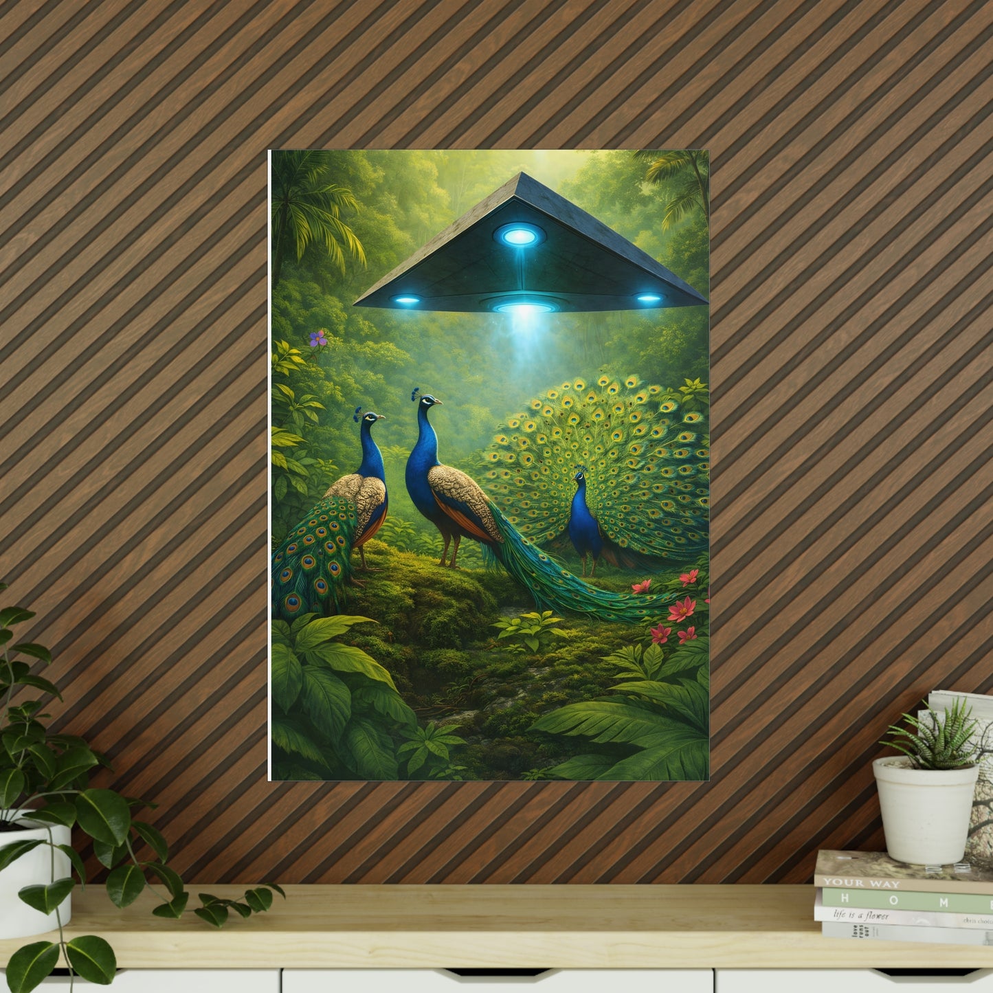 Photopaper Poster — UFO & Peacocks Sci‑Fi Wall Art