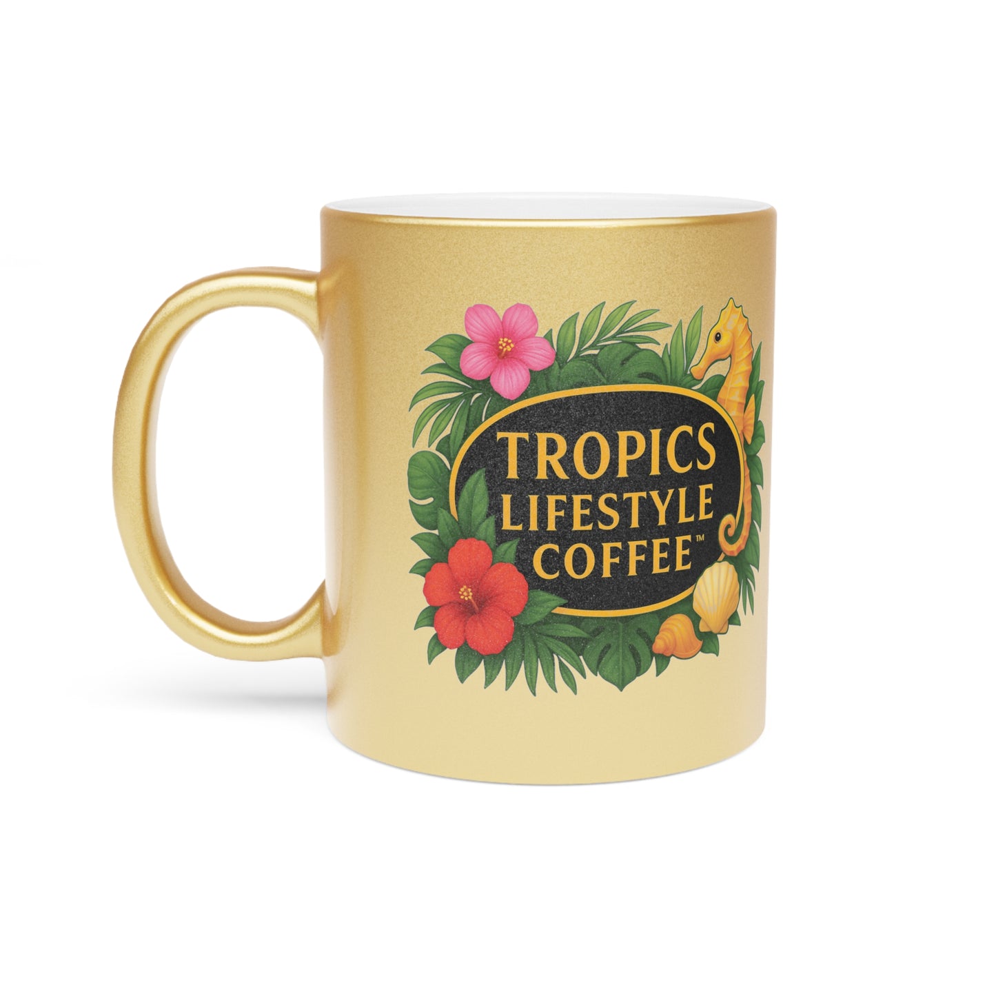 Tropical Metallic Mug, Gold or Silver - TLCoffee Seahorse Logo
