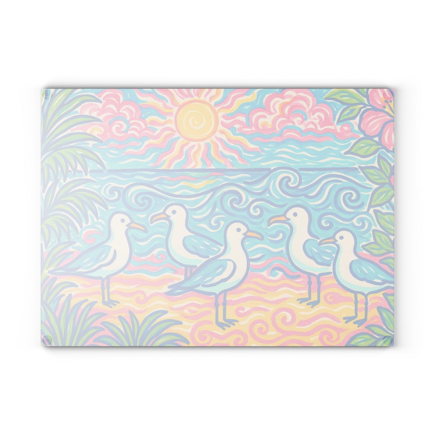 Glass Cutting Board, 2 sizes - Tropical Beach Seagulls