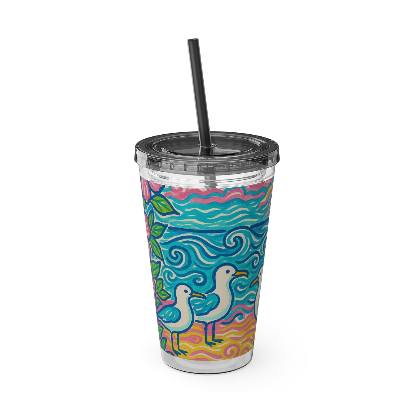Tropical Tumbler with Straw | 16oz Colorful Travel Cup / Tropical Beach Seagulls