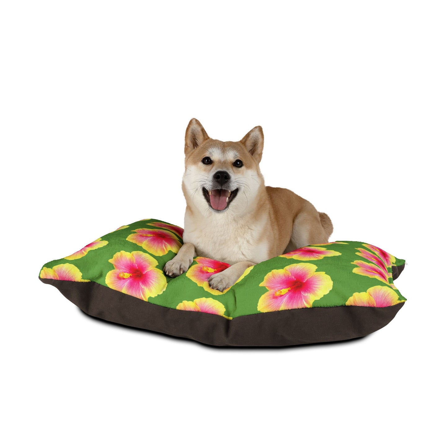 Pet Bed - Cozy and Fun Dog or Cat Bed for Beach Lovers / Real Yellow & Pink Hibiscus/Lt. Green